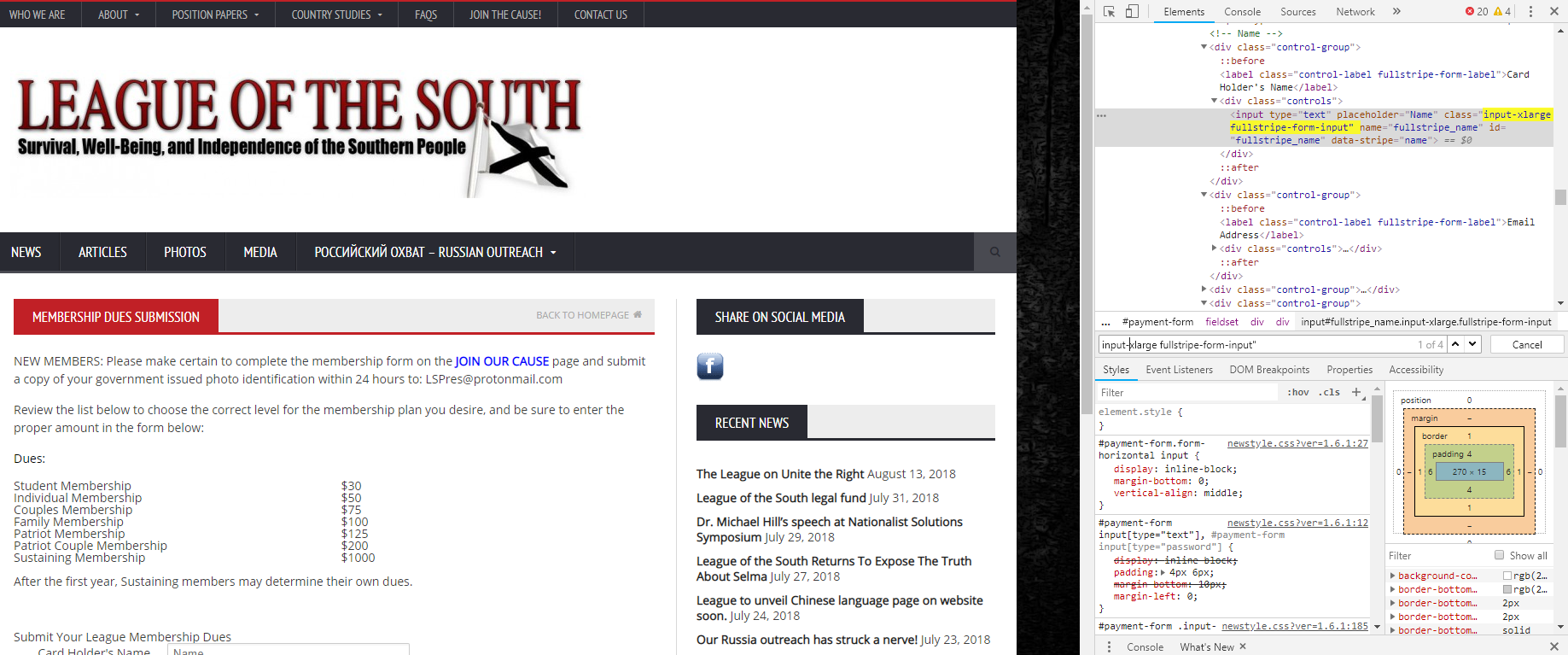 A screenshot showing the Stripe code being used on League of the South's website.