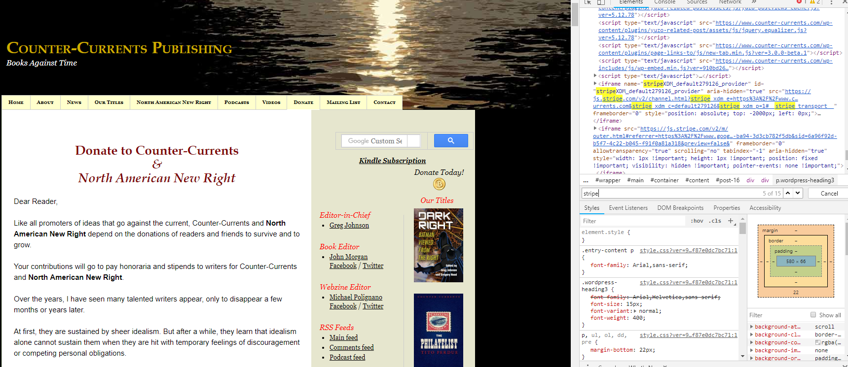 Screenshot from Counter-Currents' website. Again you can see the Stripe code when you inspect the page