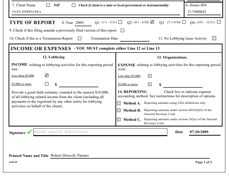 Driscoll worked with the team lobbying directly for a now-sanctioned Russian oligarch.