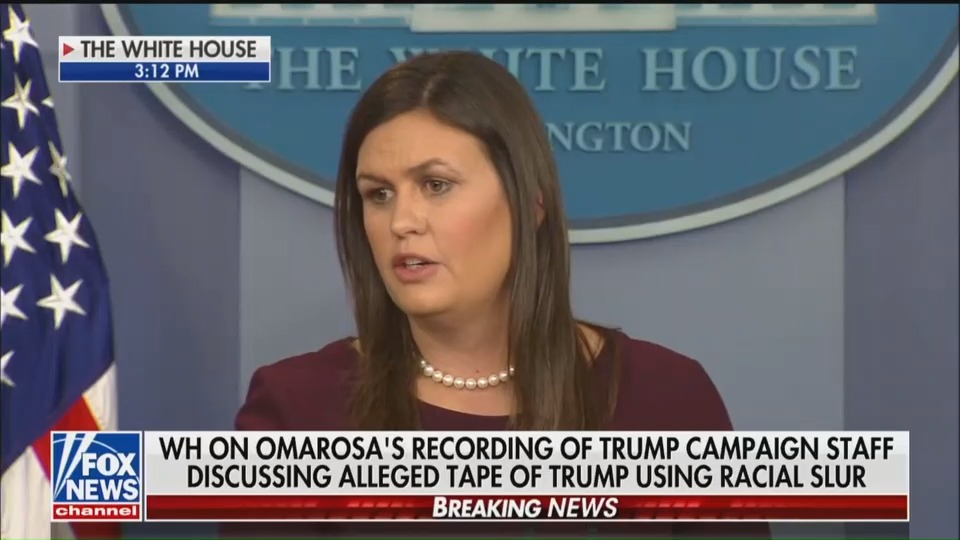 Press Secretary Sarah Huckabee Sanders did her best to downplay former White House staffer Omarosa Manigault-Newman's claims regarding President Trump's racism on Tuesday, but would not guarantee the American people would never hear a recording of Trump using the n-word. (PHOTO CREDIT: Fox News/Screenshot)