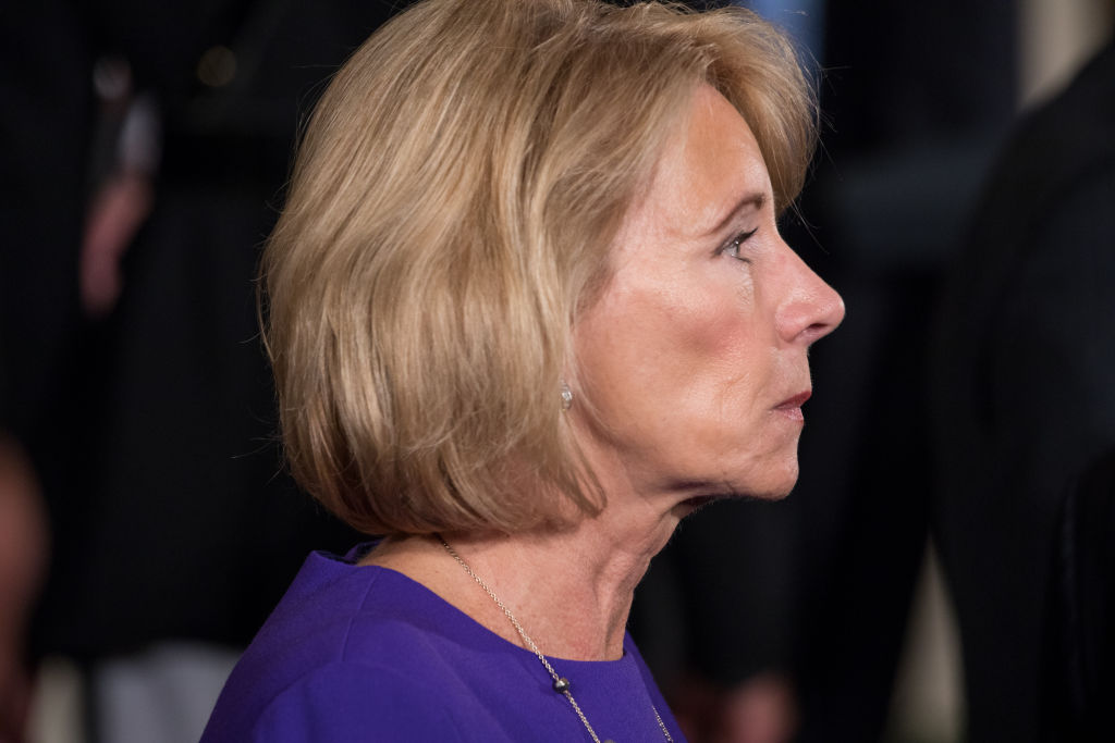 Betsy DeVos, U.S. secretary of education, was in attendance at President Donald Trump's event on combatting drug demand and the opioid crisis, in the East Room of the White House, on Thursday October 26th, 2017. (Credit: Cheriss May/NurPhoto via Getty Images)
