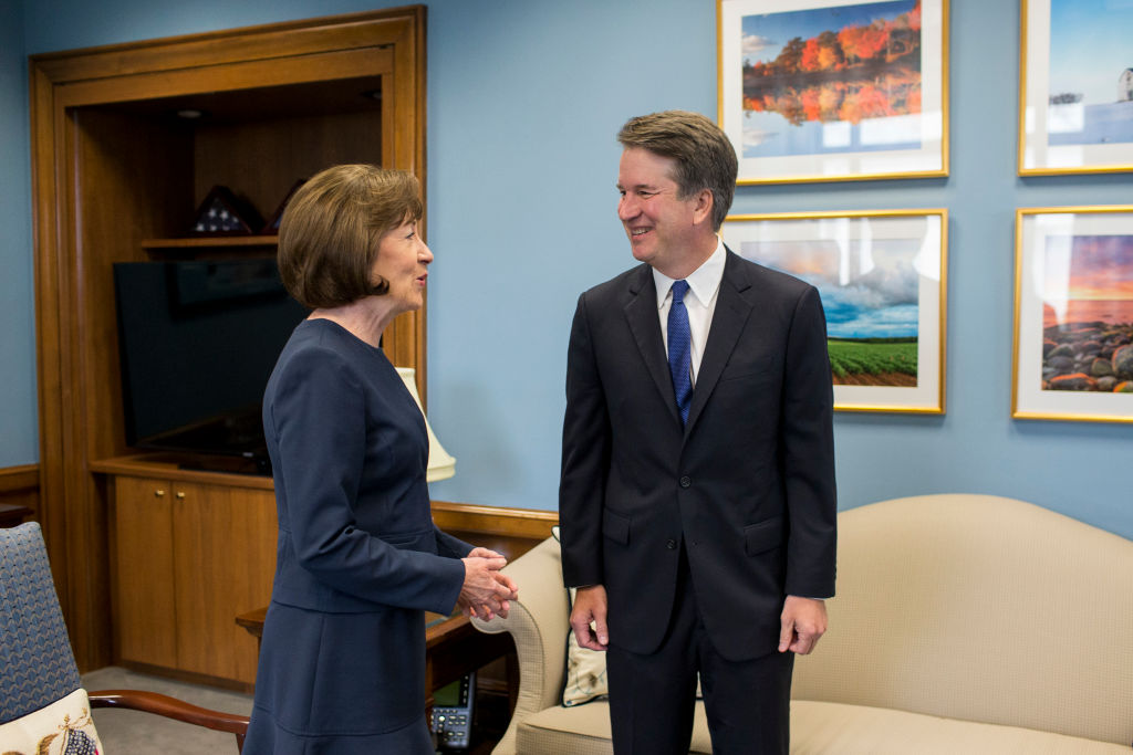WASHINGTON, DC - AUGUST 21: Supreme Court Nominee Brett Kavanaugh meets with Sen. Susan Collins (R-ME) in her office on Capitol Hill on August 21, 2018 in Washington, DC. The confirmation hearing for Judge Kavanaugh is set to begin September 4. (Photo by Zach Gibson/Getty Images)