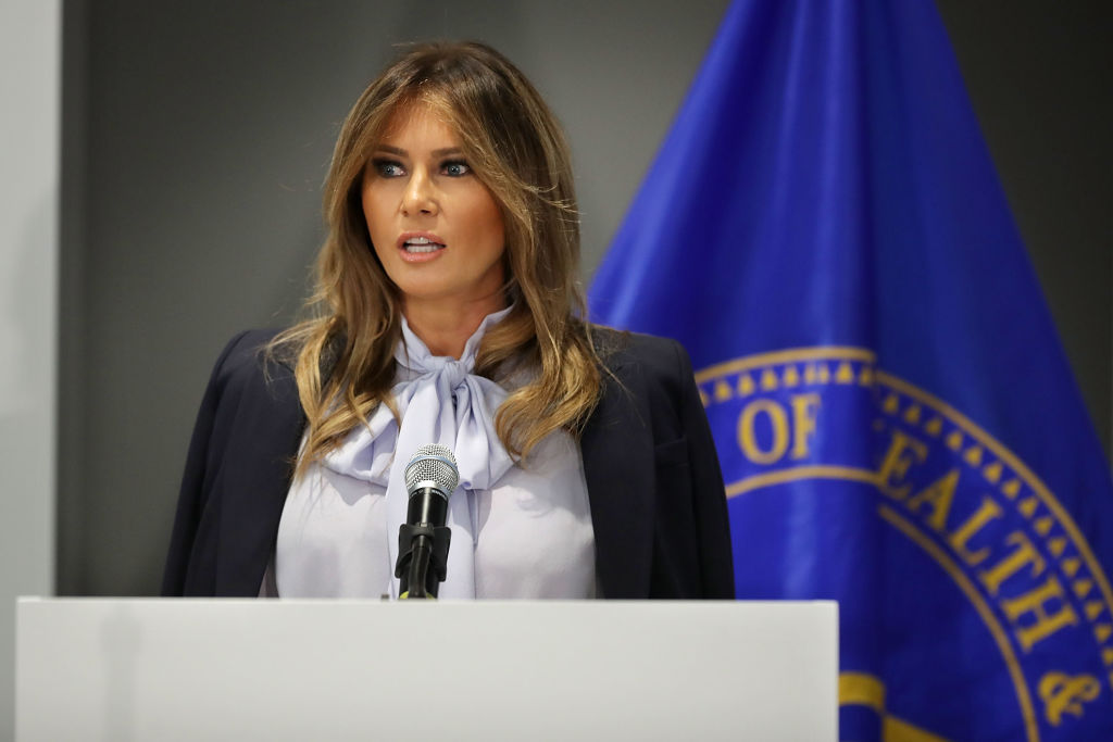 First lady Melania Trump delivers remarks during a Federal Partners in Bullying Prevention summit at the Health Resources and Service Administration August 20, 2018 in Rockville, Maryland. The first lady attended the federal anti-cyber-bullying summit just days after President Donald Trump referred to former aide Omarosa Manigault Newman as a "dog" on Twitter. (Photo credit: Chip Somodevilla / Getty Images)