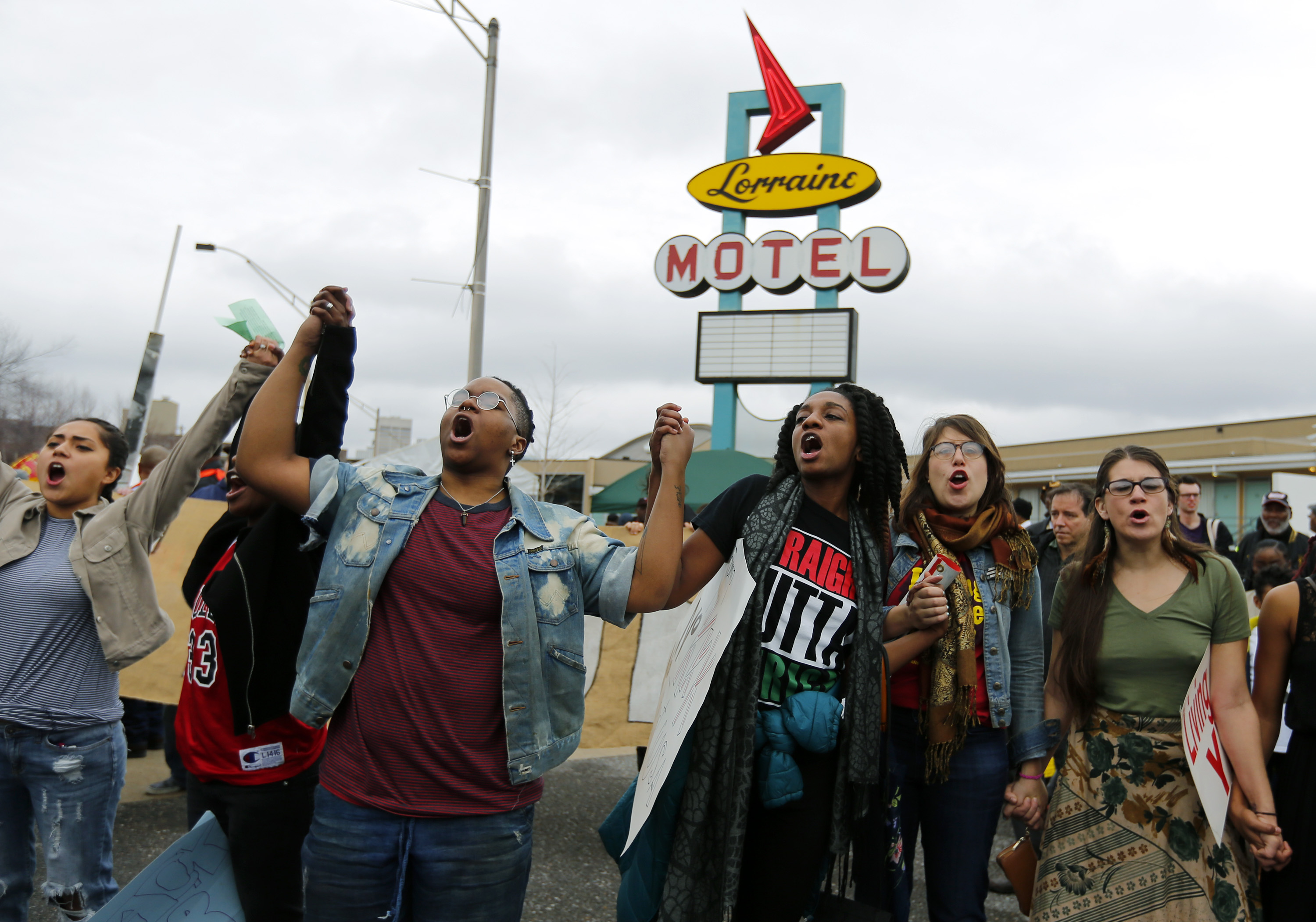 MEMPHIS, TN - JANUARY 16: Supporters of the Black Lives Matter movement chant together following the annual Martin Luther King Day march on January 16, 2017 in Memphis, Tennessee. (Photo by Mike Brown/Getty Images)