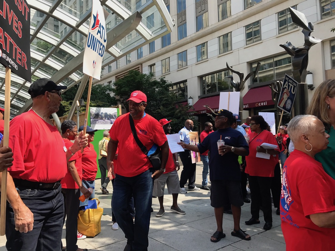 Metro workers and members of the community at the protest in Washington, D.C. on Thursday, August 16, 2018. (CREDIT: Casey Quinlan/ThinkProgress)