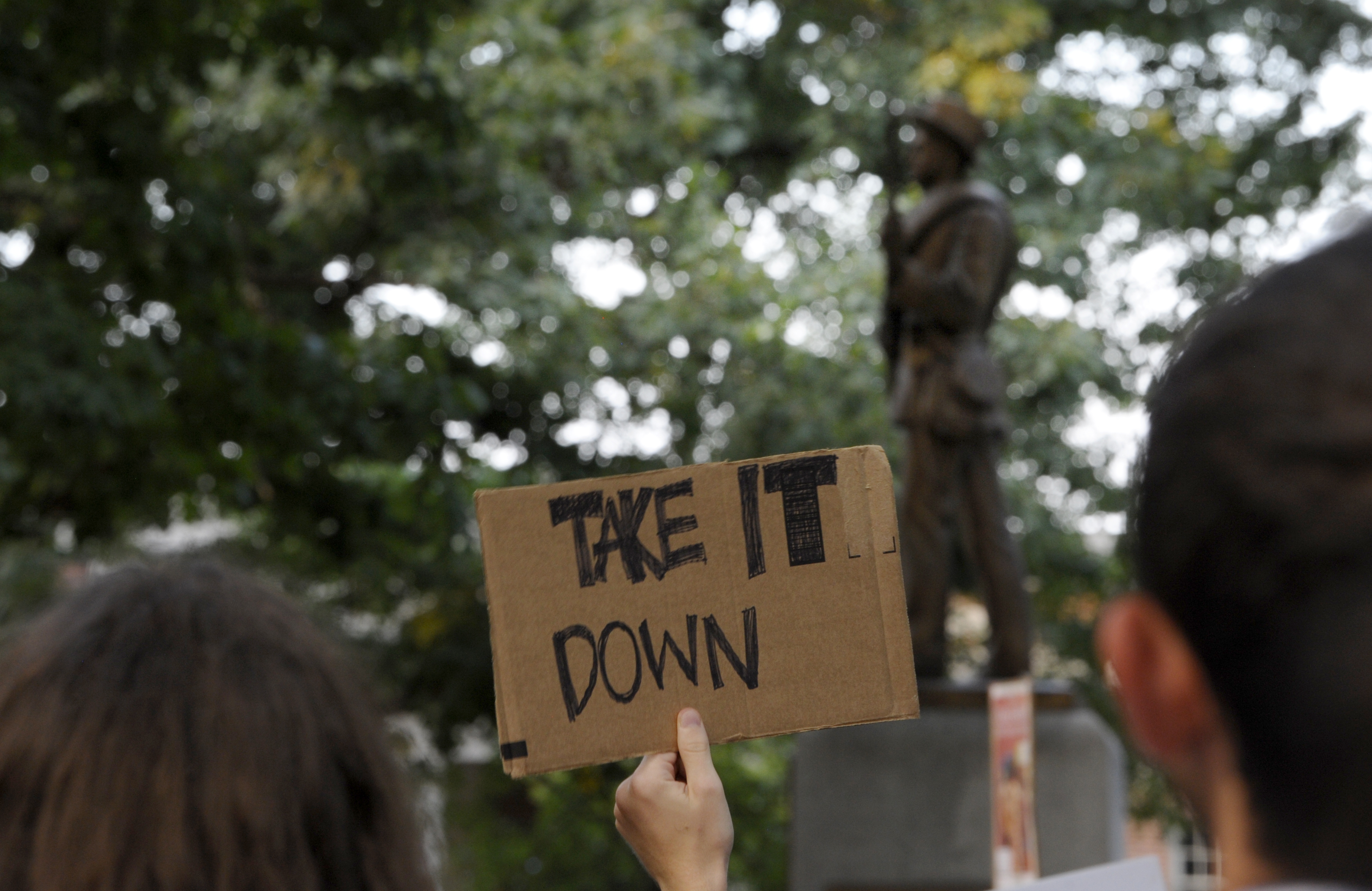 CHAPEL HILL, NC - AUGUST 22: Demonstrators rally for the removal of a Confederate statue coined Silent Sam on the campus of the University of Chapel Hill on August 22, 2017 in Chapel Hill North Carolina. (Photo by Sara D. Davis/Getty Images)