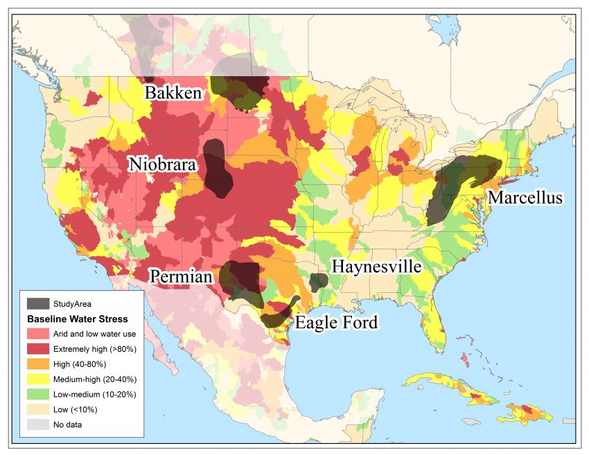 Some of the biggest fracking sites -- like the Permian and Eagle Ford Basins -- are in highly water stressed areas. Credit: Duke University.