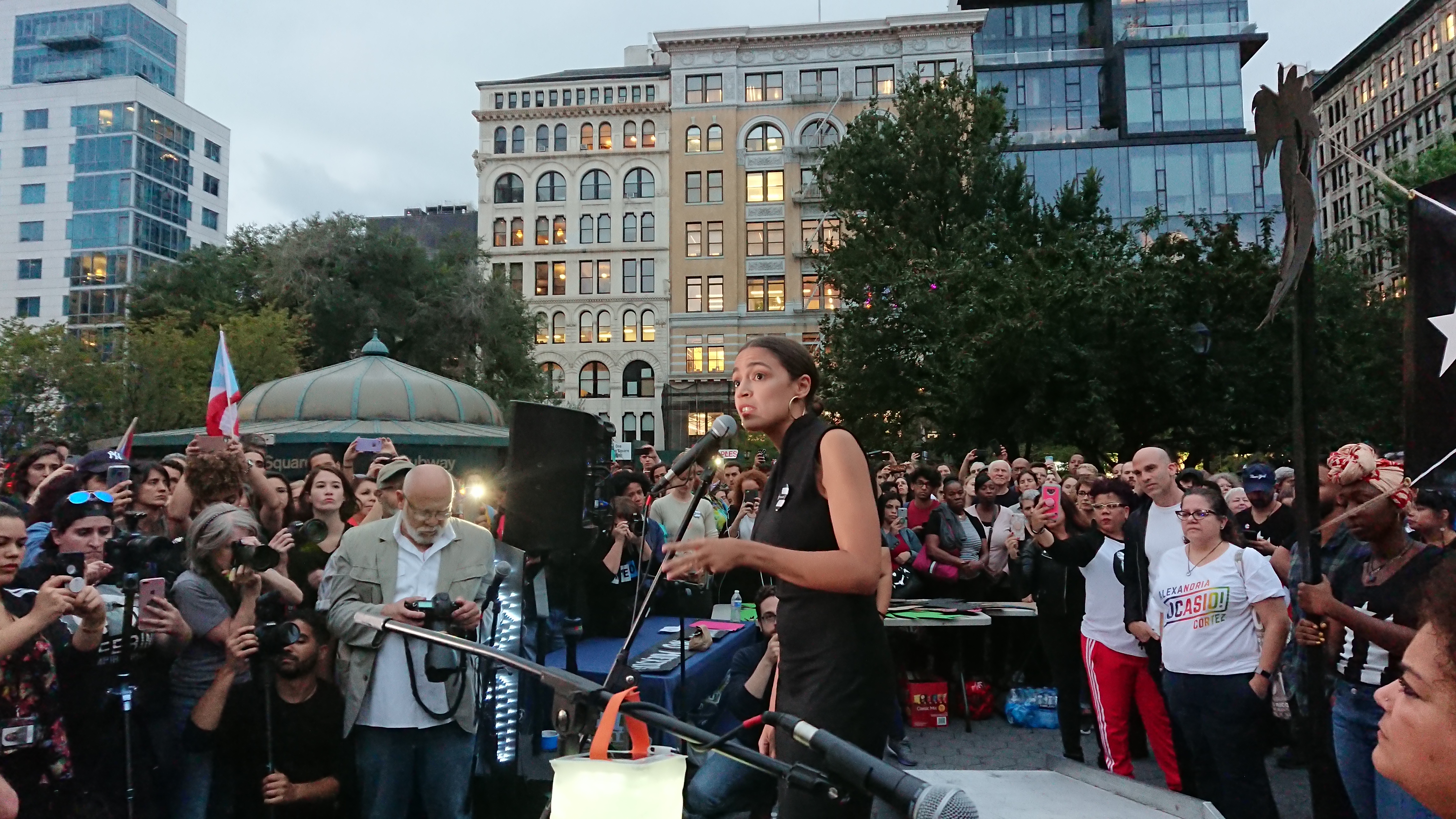 Alexandria Ocasio-Cortez addressees the crowd in Union Square in New York, Sept. 20, 2018. CREDIT: D. Parvaz/ThinkProgress.