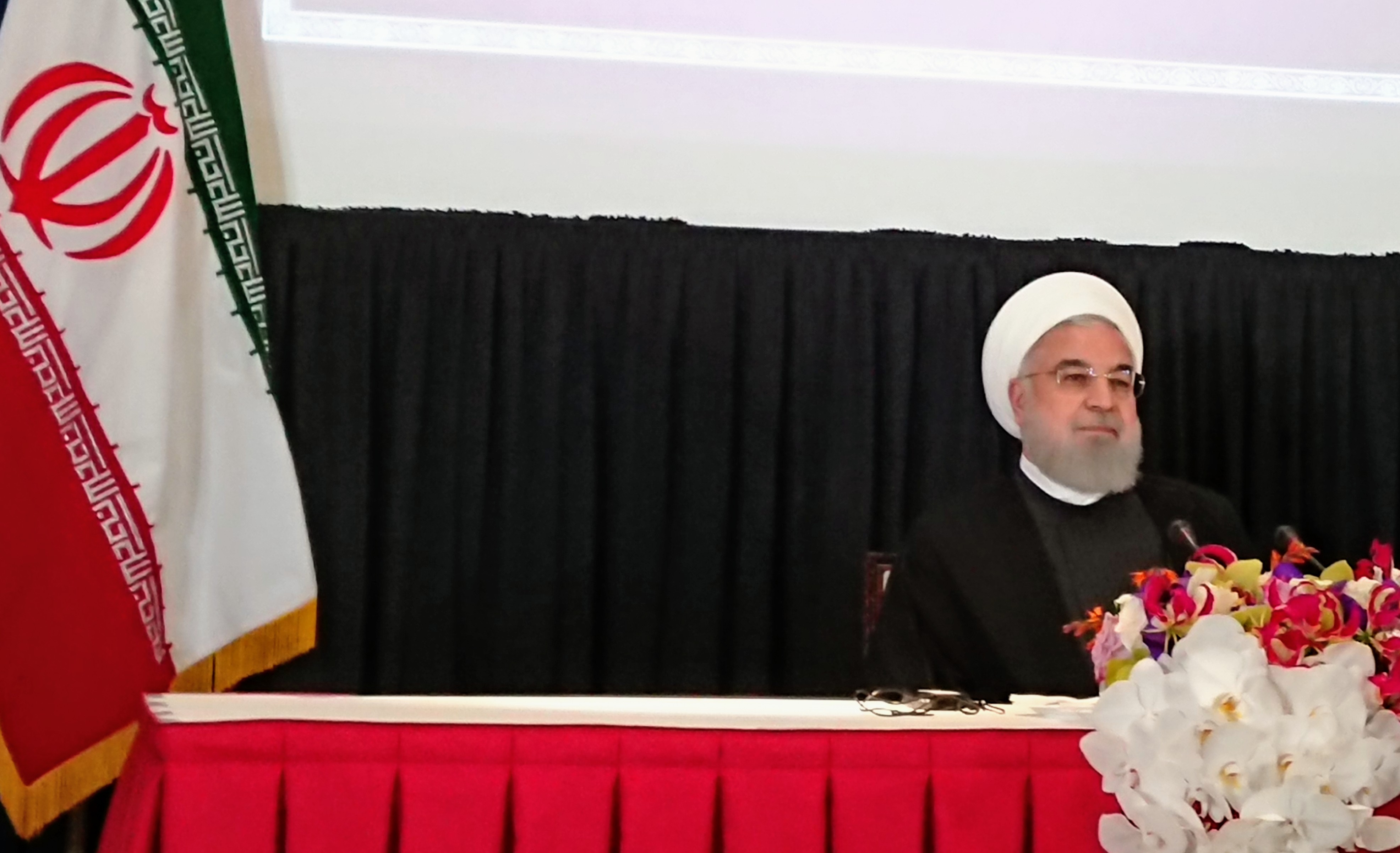 Iran's President Hassan Rouhani gives a press conference during the United Nations General Assembly in New York on Sept. 26, 2018. CREDIT: D. PARVAZ/ThinkProgress.