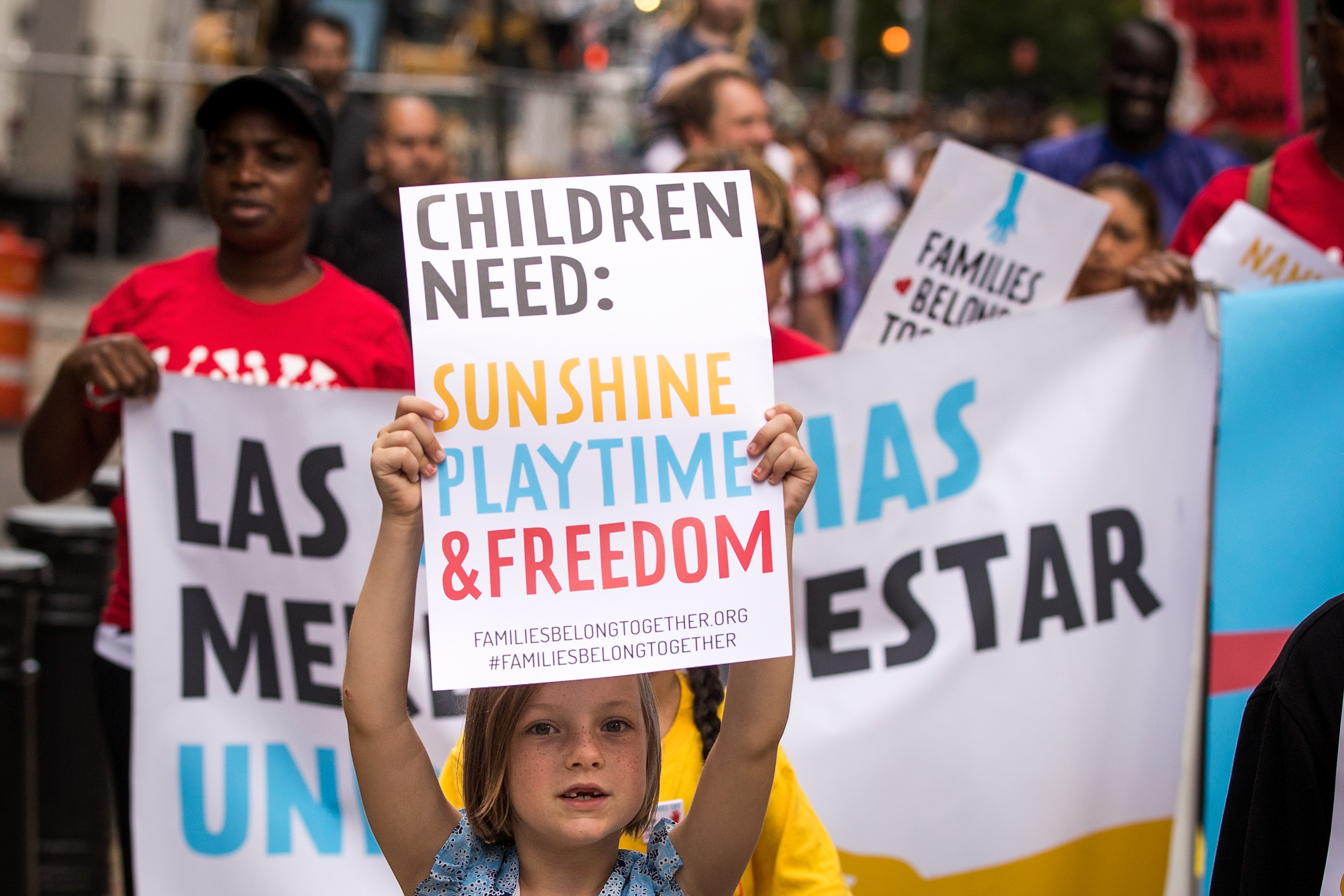 NEW YORK, NY - JULY 18: Activists, including childcare providers, parents and their children, protest against the Trump administrations recent family detention and separation policies for migrants along the southern border, near the New York offices of U.S. Immigration and Customs Enforcement (ICE), July 18, 2018 in New York City. On Wednesday, the GOP-led House of Representatives passed a resolution supporting ICE and denounced calls by some Democrats and progressive activists to abolish ICE. (Photo by Drew Angerer/Getty Images)