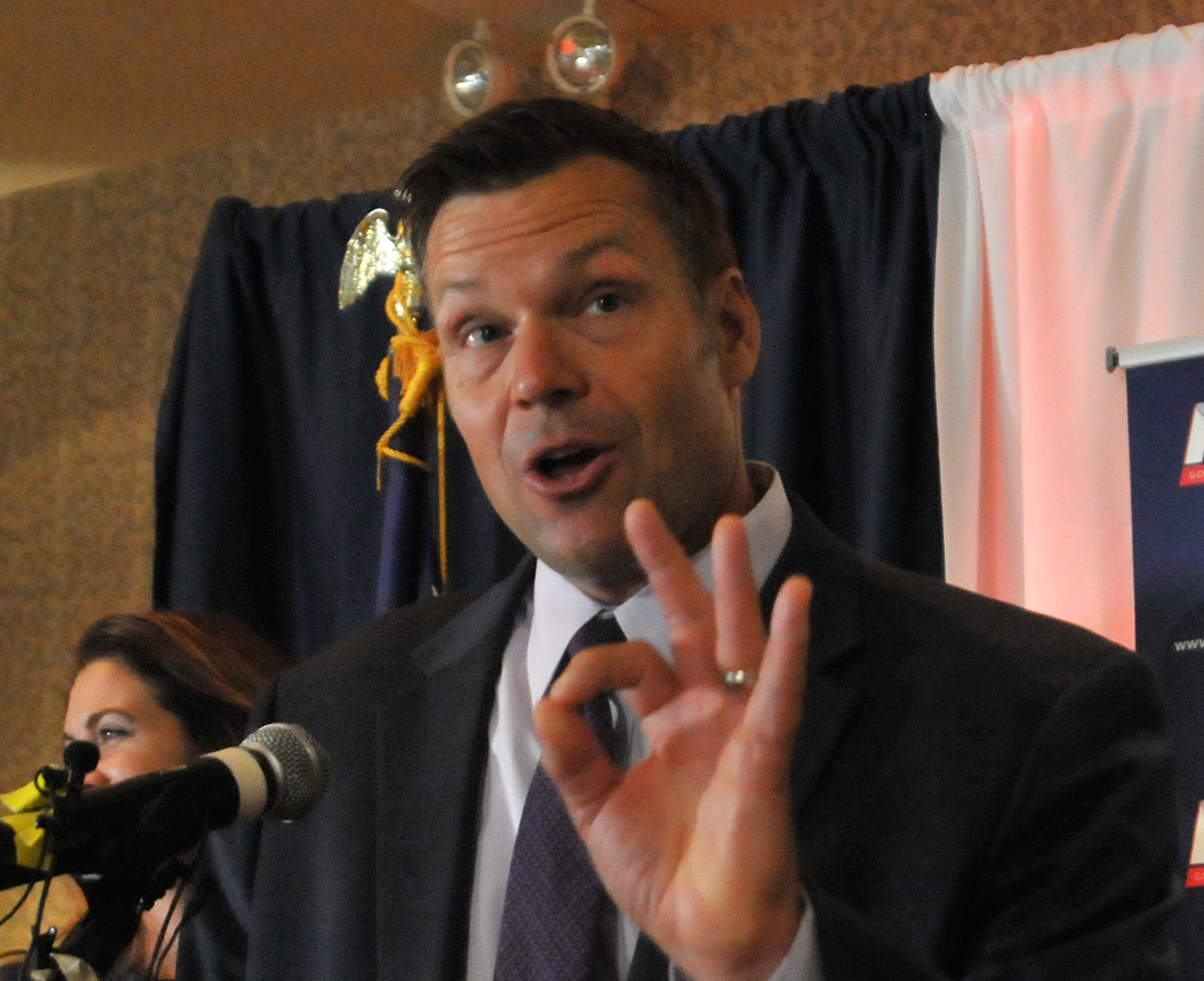 TOPEKA, KS - AUGUST 07: Republican primary candidate for Governor Kris Kobach, speaks to supporters just after midnight in a tight race with Jeff Colyer that is too close to call. Kobach was supported by President Trump against incumbent Jeff Colyer on August 7, 2018 in Topeka, Kansas. (Photo by Steve Pope/Getty Images)