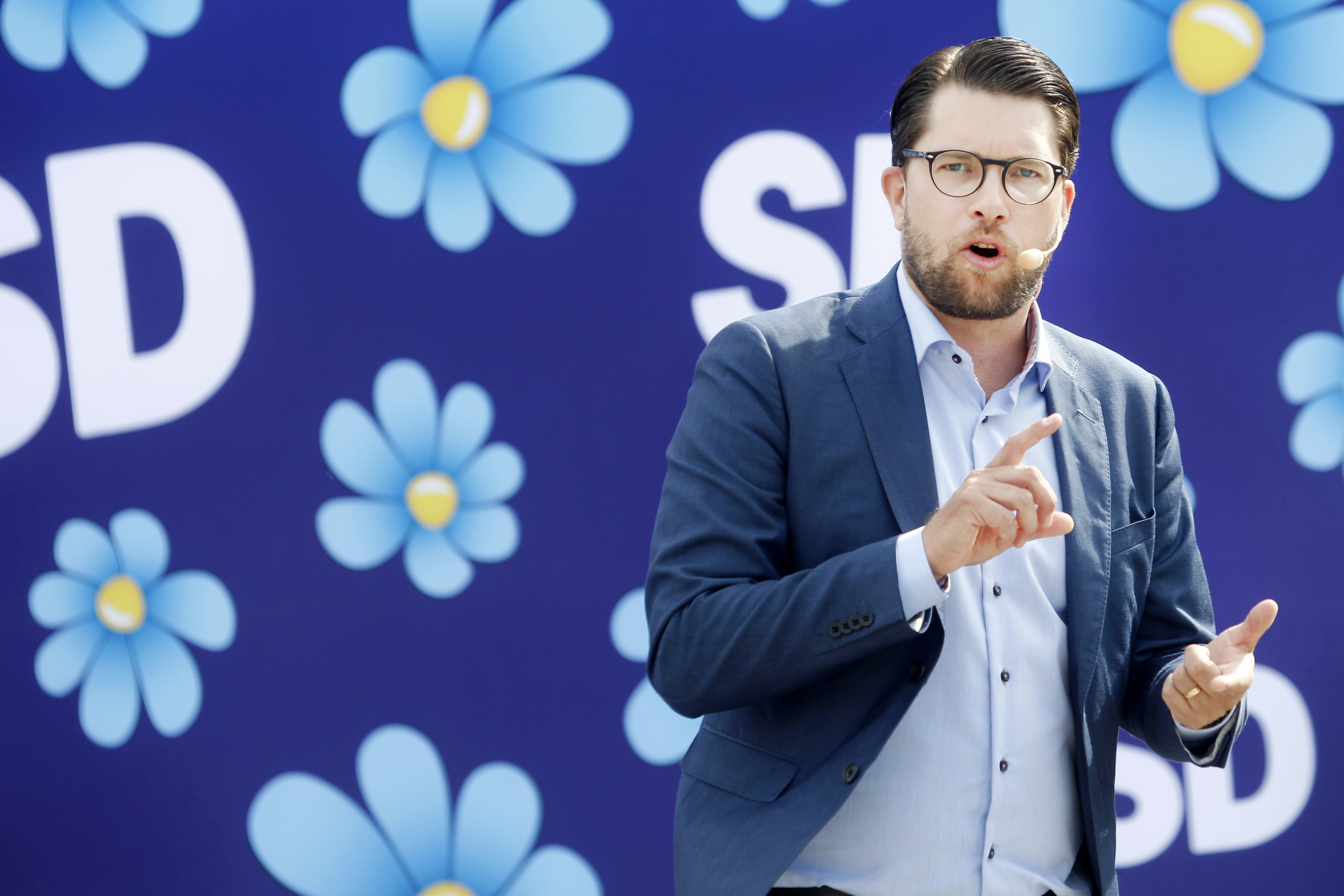 FILE PICTURE: Jimmie Akesson, leader of the Sweden Democrats, campaigns in Sundsvall, Sweden, on August 17, 2018. (Photo credit should read MATS ANDERSSON/AFP/Getty Images)