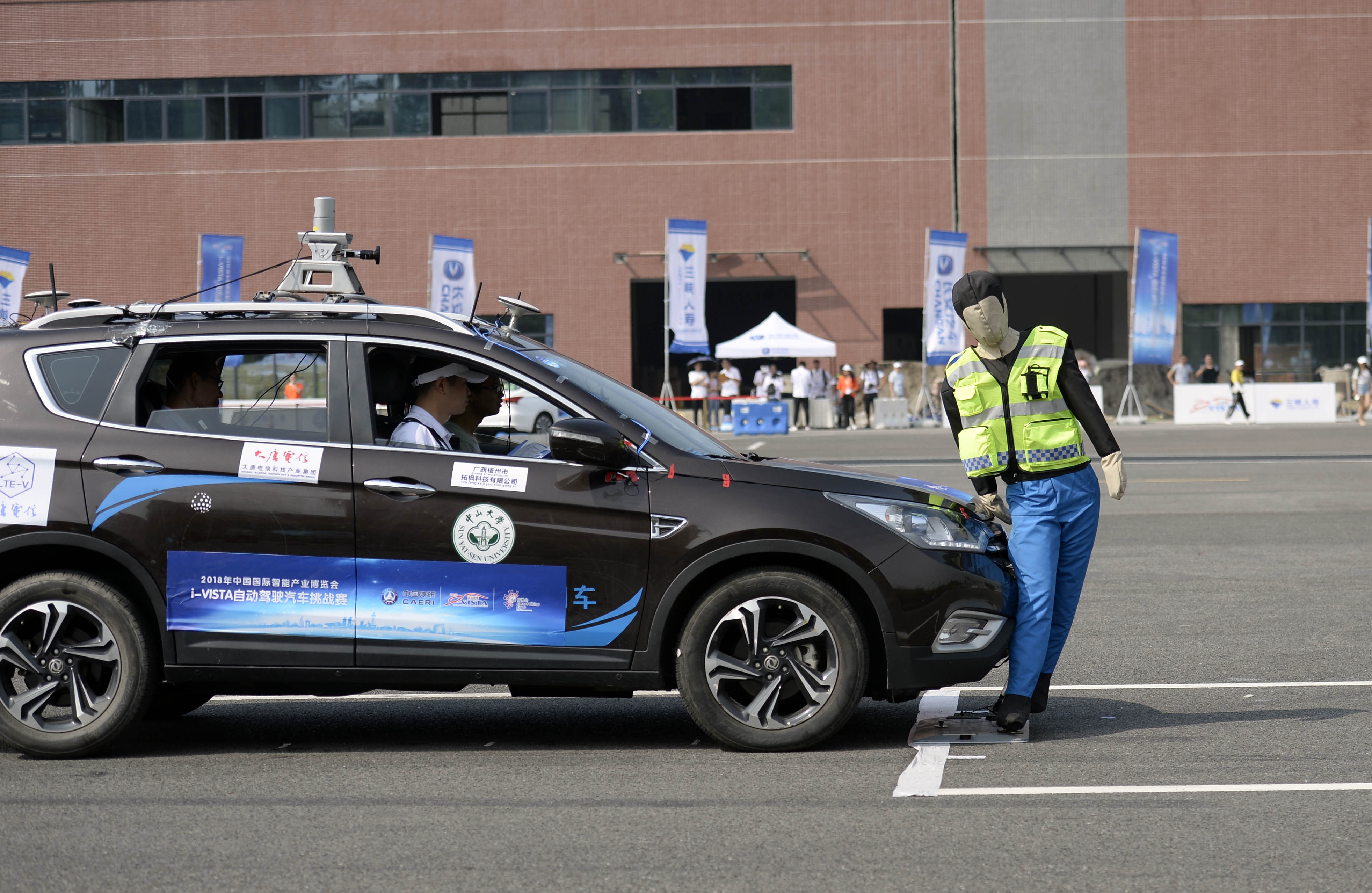 An unmanned automobile hits a simulated pedestrian during the i-VISTA Autonomous Driving Challenge on August 18, 2018 in Chongqing, China. CREDIT: VCG/VCG via Getty Images