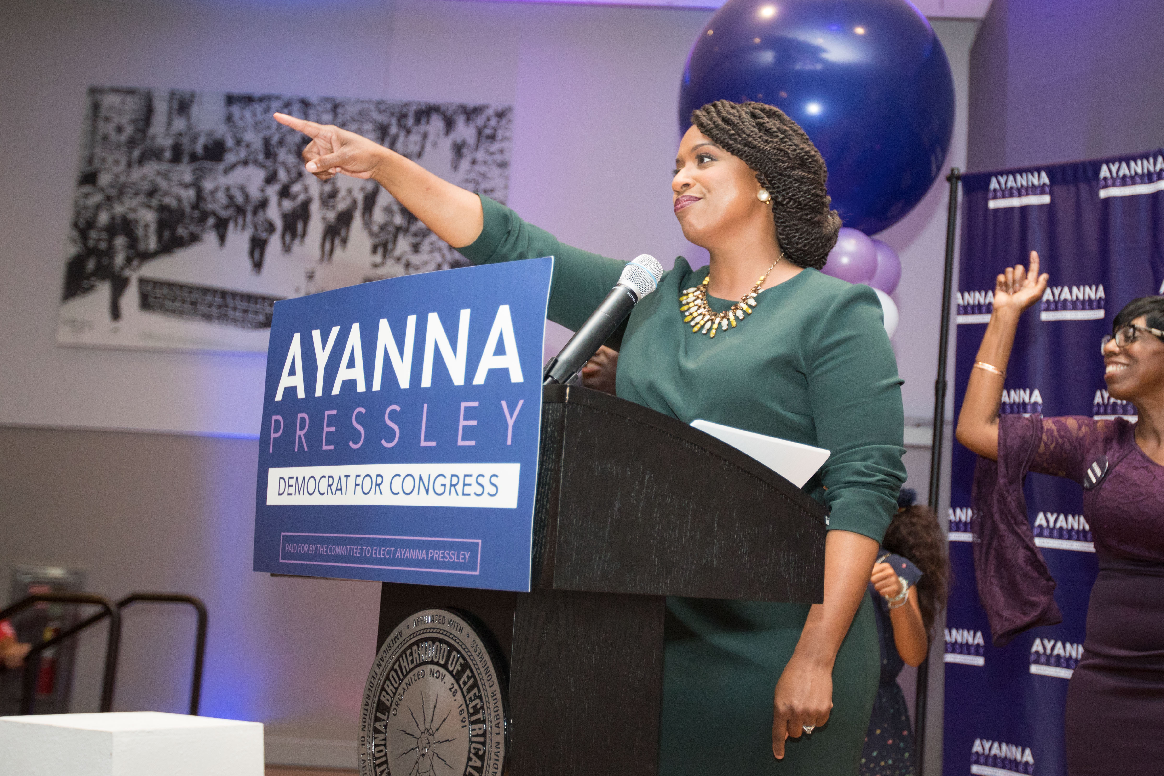 BOSTON, MA - SEPTEMBER 04: Ayanna Pressley, Boston City Councilwomen and House Democratic candidate, gives a victory speech at her primary night gathering in Boston, Massachusetts. (Photo by Scott Eisen/Getty Images)