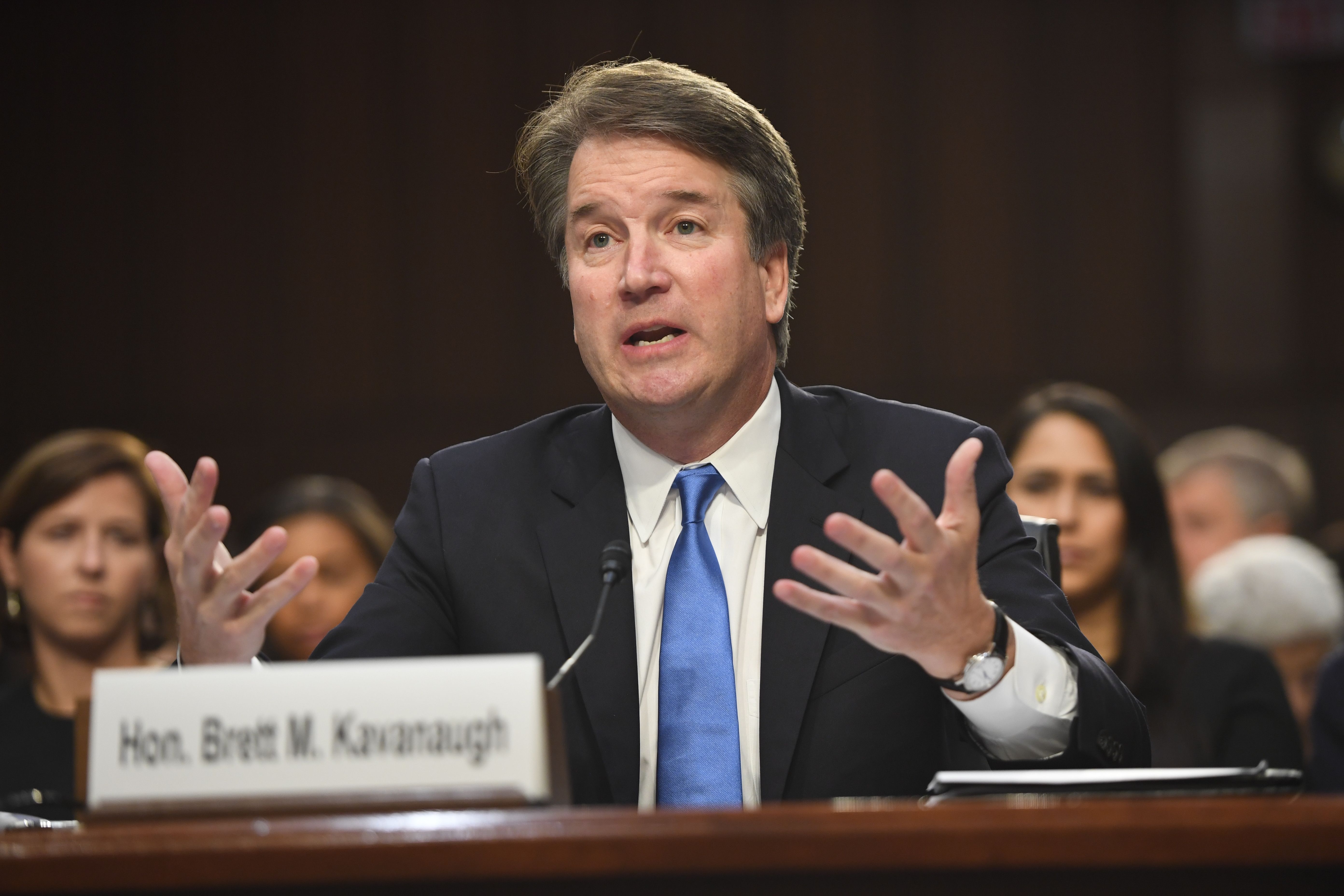 US Supreme Court nominee Brett Kavanaugh speaks on the second day of his confirmation hearing in front of the US Senate on Capitol Hill in Washington DC, on September 5, 2018. - President Donald Trump's newest Supreme Court nominee Brett Kavanaugh is expected to face punishing questioning from Democrats this week over his endorsement of presidential immunity and his opposition to abortion. (Photo by SAUL LOEB / AFP) (Photo credit should read SAUL LOEB/AFP/Getty Images)