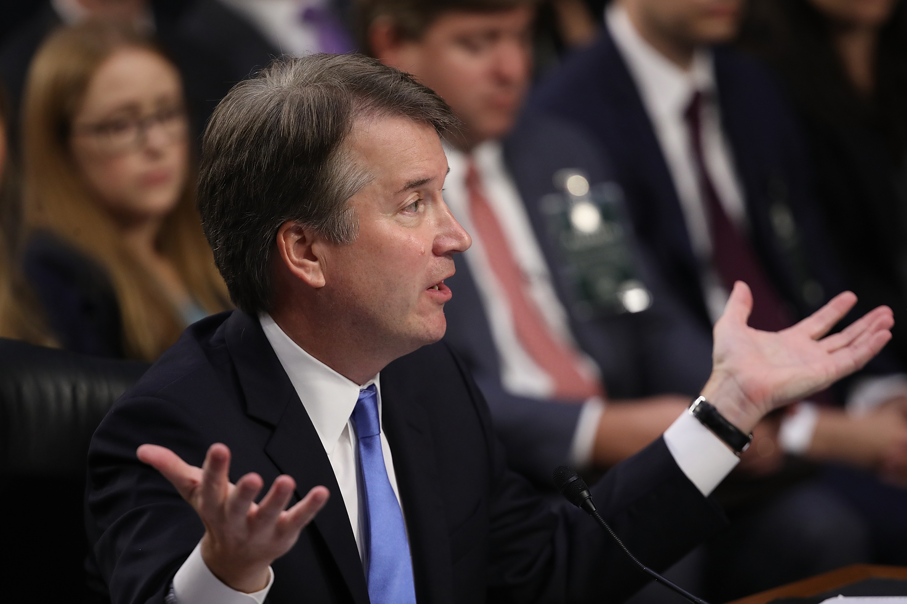 WASHINGTON, DC - SEPTEMBER 05: Judge Brett Kavanaugh answers questions from Sen. Patrick Leahy during the second day of his Supreme Court confirmation hearing on Capitol Hill September 5, 2018 in Washington, DC. Kavanaugh was nominated by President Donald Trump to fill the vacancy on the court left by retiring Associate Justice Anthony Kennedy. (Photo by Win McNamee/Getty Images)