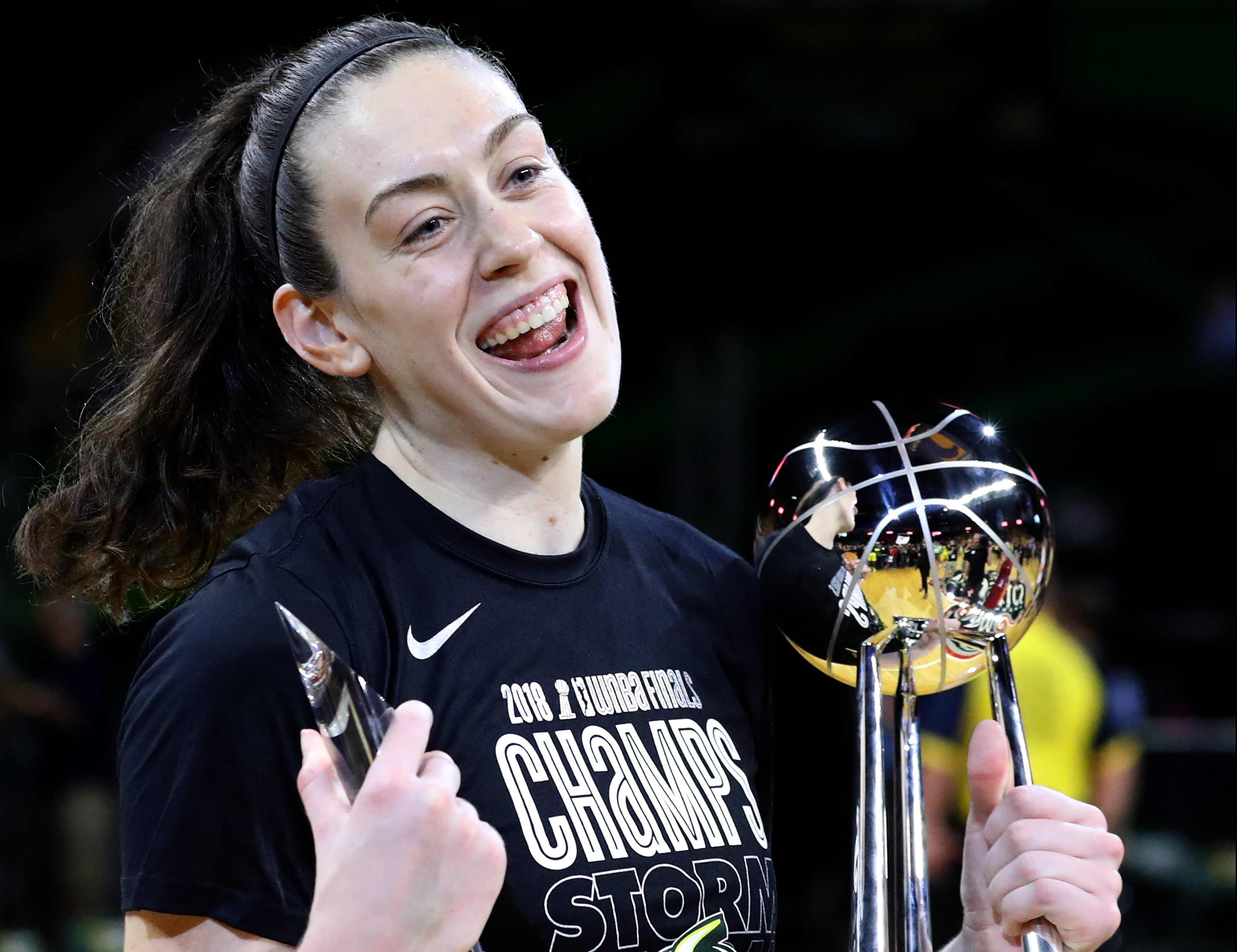 FAIRFAX, VA - SEPTEMBER 12: Breanna Stewart #30 of the Seattle Storm holds up the trophy after the Storm defeated the Washington Mystics 98-82 to win the WNBA Finals at EagleBank Arena on September 12, 2018 in Fairfax, Virginia. (Photo by Rob Carr/Getty Images)