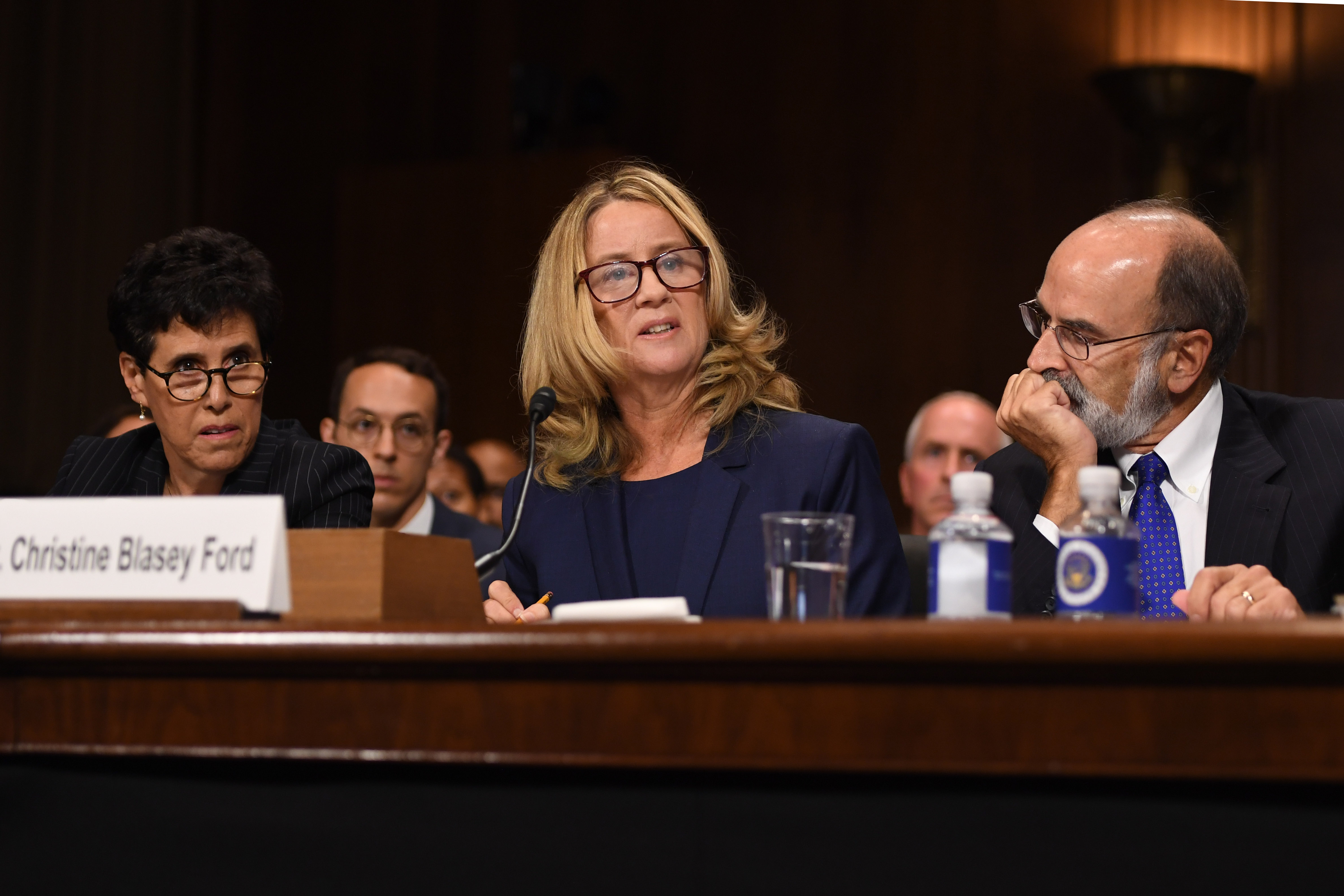 WASHINGTON, DC - SEPTEMBER 27: Christine Blasey Ford, testifies before the US Senate Judiciary Committee in the Dirksen Senate Office Building on Capitol Hill September 27, 2018 in Washington, DC. A professor at Palo Alto University and a research psychologist at the Stanford University School of Medicine, Ford has accused Supreme Court nominee Judge Brett Kavanaugh of sexually assaulting her during a party in 1982 when they were high school students in suburban Maryland. (Photo by Saul Loeb-Pool/Getty Images)