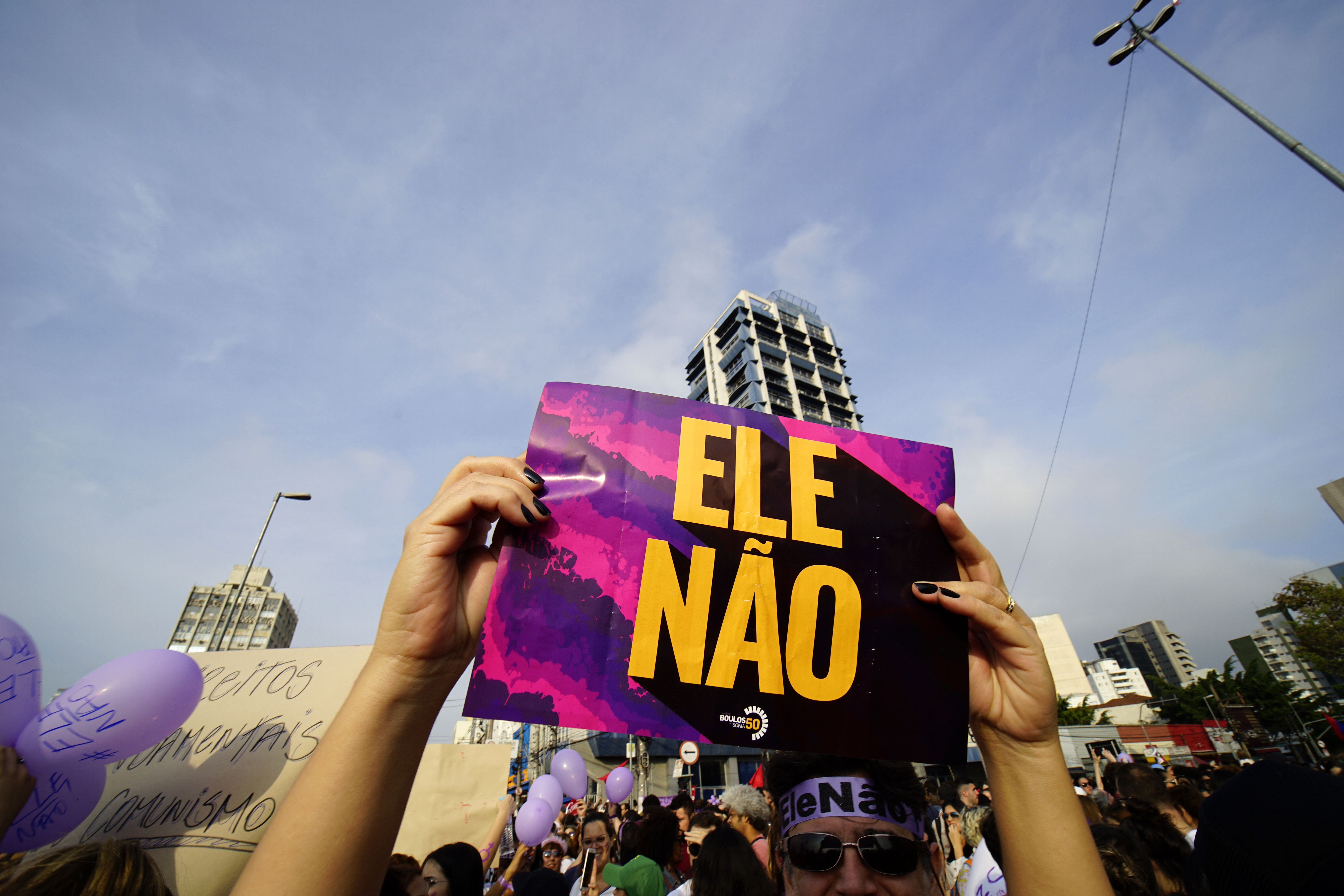Women protest against the far-rights presidential candidate on September 29, 2018 in Sao Paulo, Brazil. The protests occurred simultaneously in several Brazilian cities, against Jair Bolsonaro, the far rights presidential candidate. Protests included an internet campaign (#elenão and #himnot) which was joined by many women from various countries. Corinthians fans, Brazil's biggest soccer team, and other social groups also joined. (Photo by Cris Faga/NurPhoto via Getty Images)