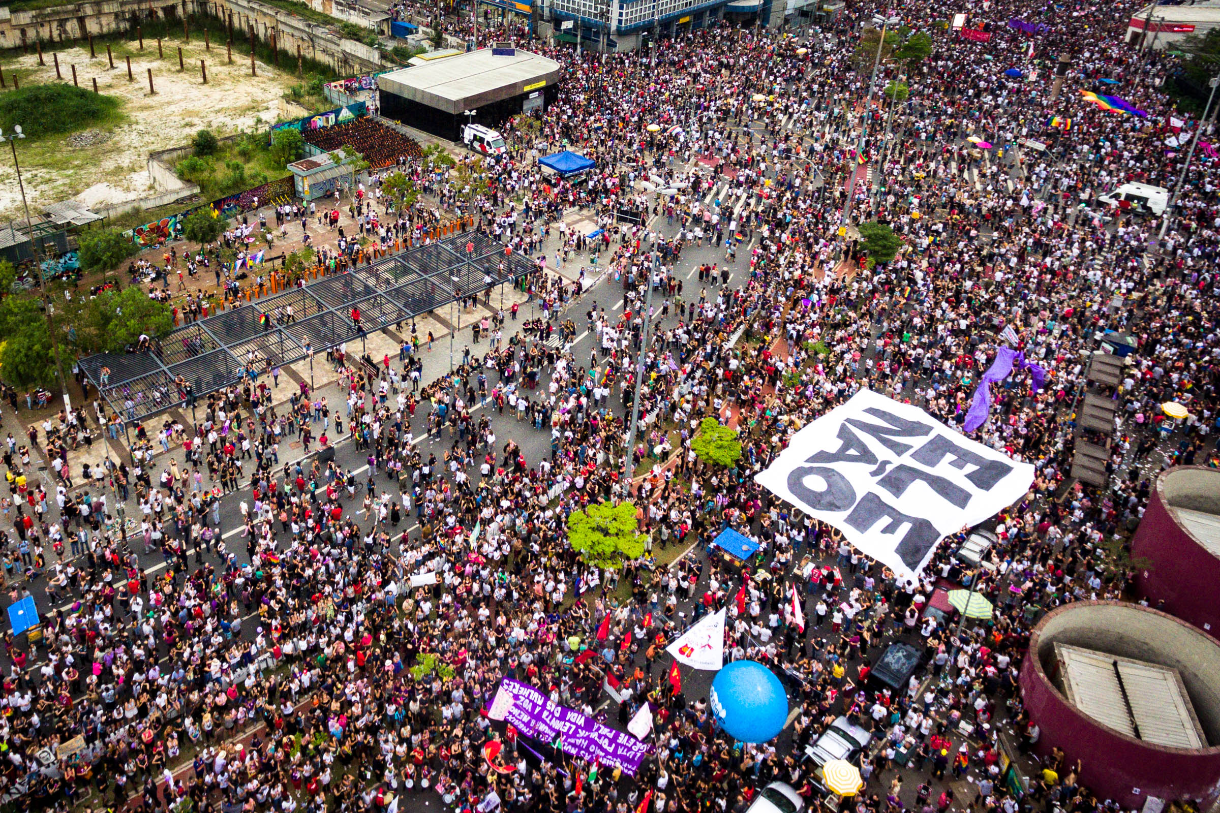 Hundreds of thousand of people demonstrate against the brazilian presidental candidate Jair Bolsonaro in Sao Paulo, Brazil, this saturday, 29/09/2018. With the motto #EleNao (#NotHim) people protested against the extreme right wing candidate. Brazil will choose their next president in October 7th, facing the risk of electing a candidate who defends the militar dictatorship (1964-1984), the killing of its opponent, the sallary difference between men andwomen and faced charges of sexism and sexual assault vindication while Congressman (Photo by Gustavo Basso/NurPhoto via Getty Images)