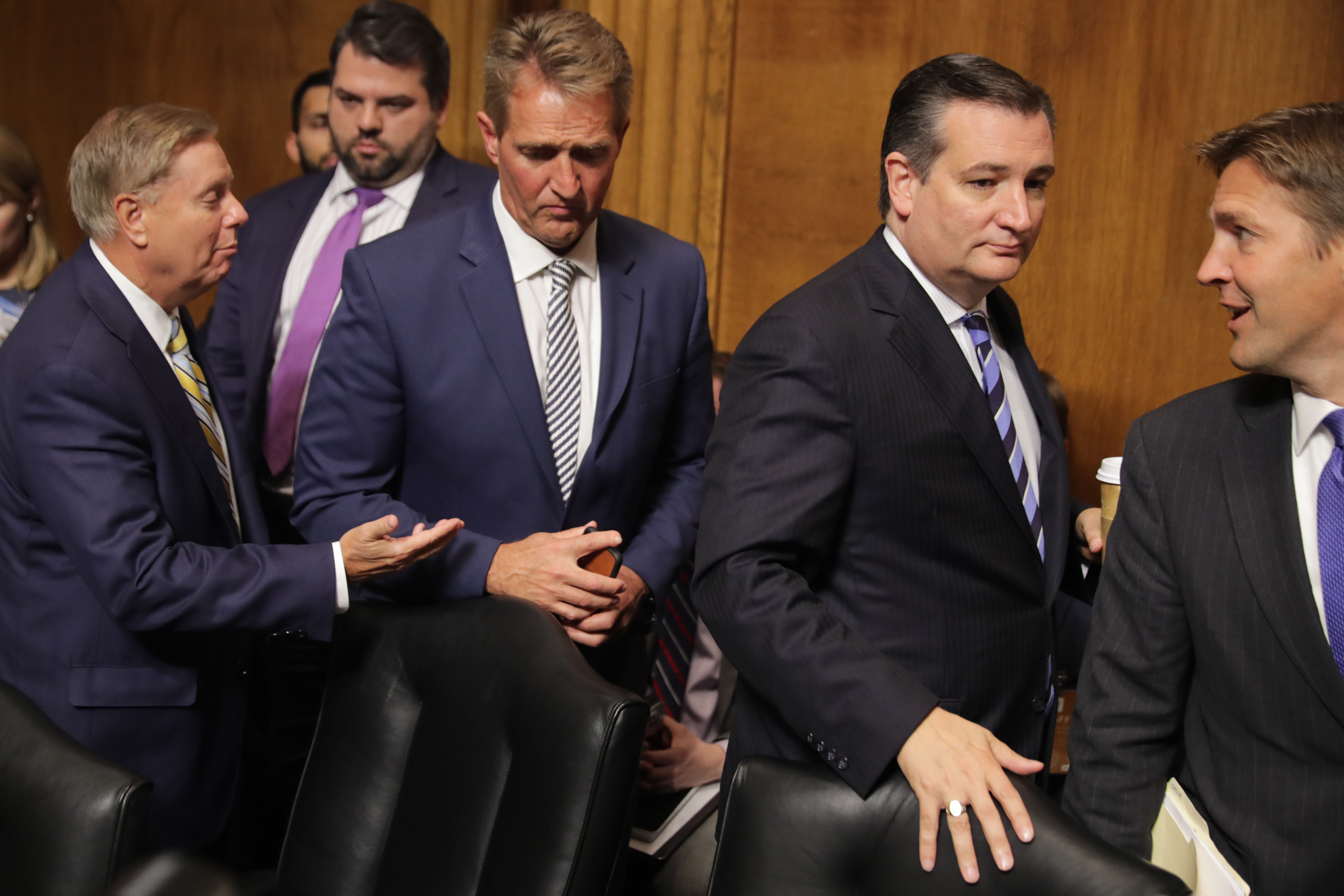 Sen. Jeff Flake (R-AZ) called for delaying Brett Kavanaugh's floor confirmation vote Friday until a one-week FBI investigation can be completed. CREDIT: Chip Somodevilla/Getty Images