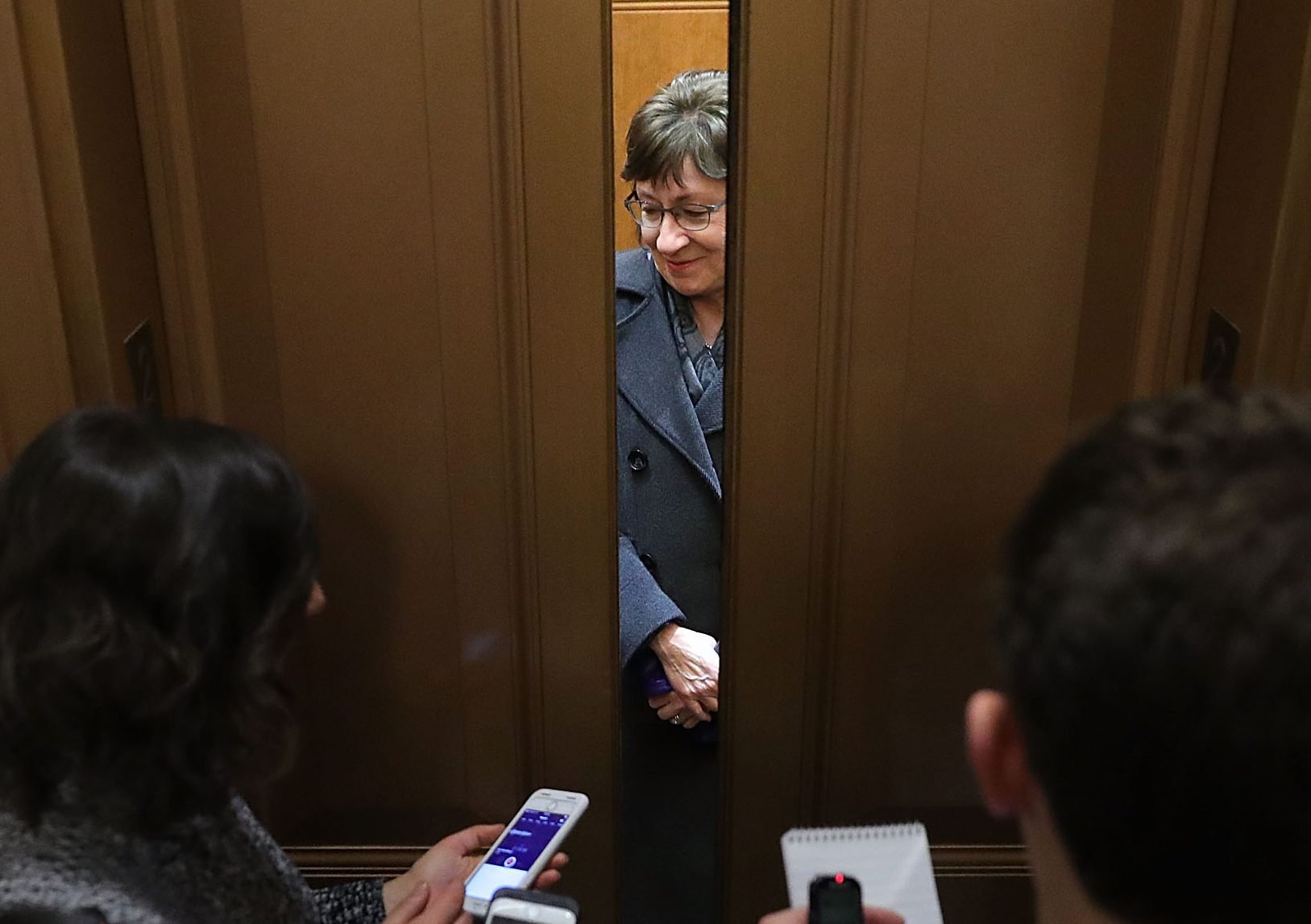 WASHINGTON, DC - Conspiracy theorist Sen. Susan Collins (R-ME) enters an elevator at the U.S. Capitol building. Credit: Chip Somodevilla/Getty Images