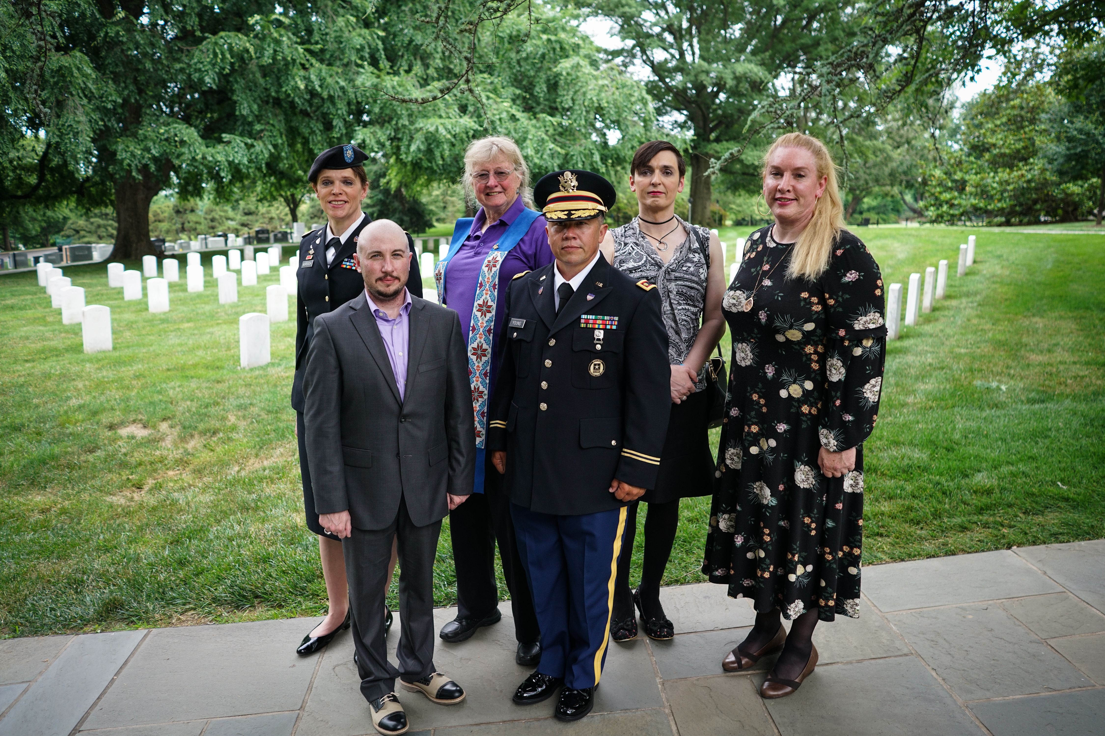 A group of transgender veterans and service members participated in a wreath-laying ceremony at the Tomb of the Unknown Soldier at Arlington National Cemetery in June. CREDIT: MANDEL NGAN/AFP/Getty Images