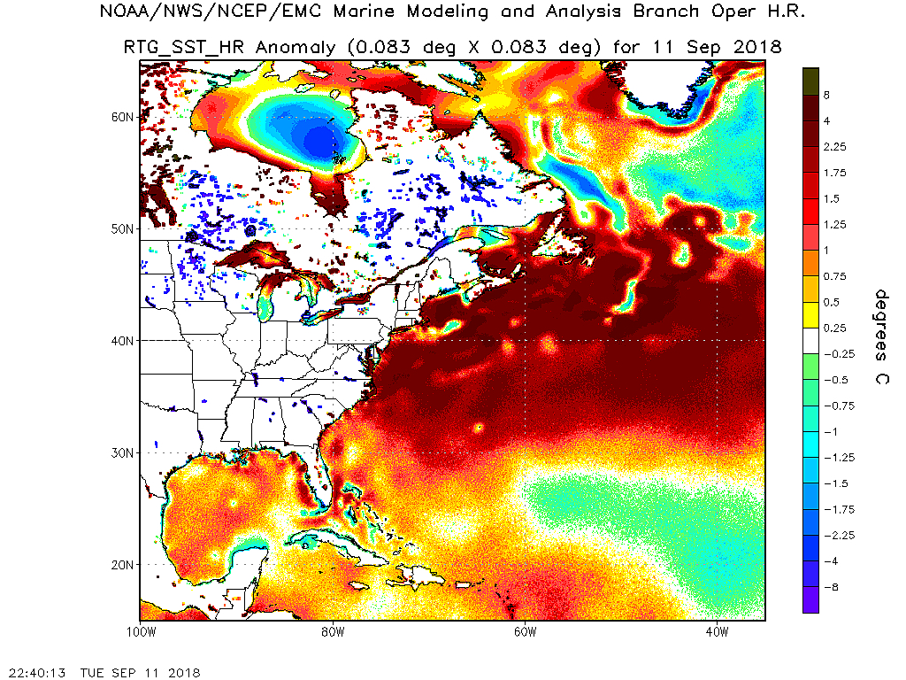 Map of sea surface temperatures shows huge pool of warm water off the East Coast (as well as a pocket of cool water south of Greenland). CREDIT: NOAA.