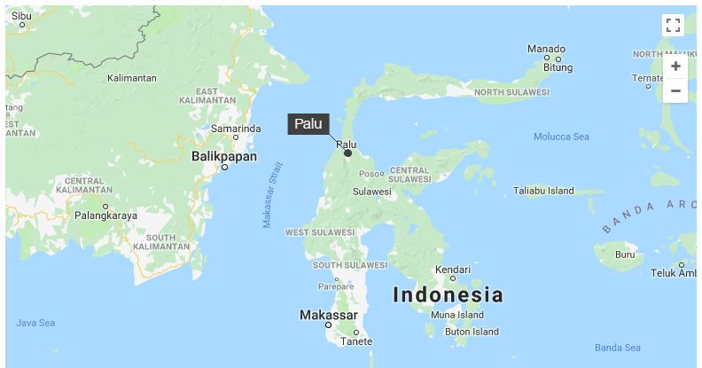 AN EARTHQUAKE AND MASSIVE TSUNAMI STRUCK THE INDONESIAN ISLAND OF SULAWESI. SOURCE: Google Maps