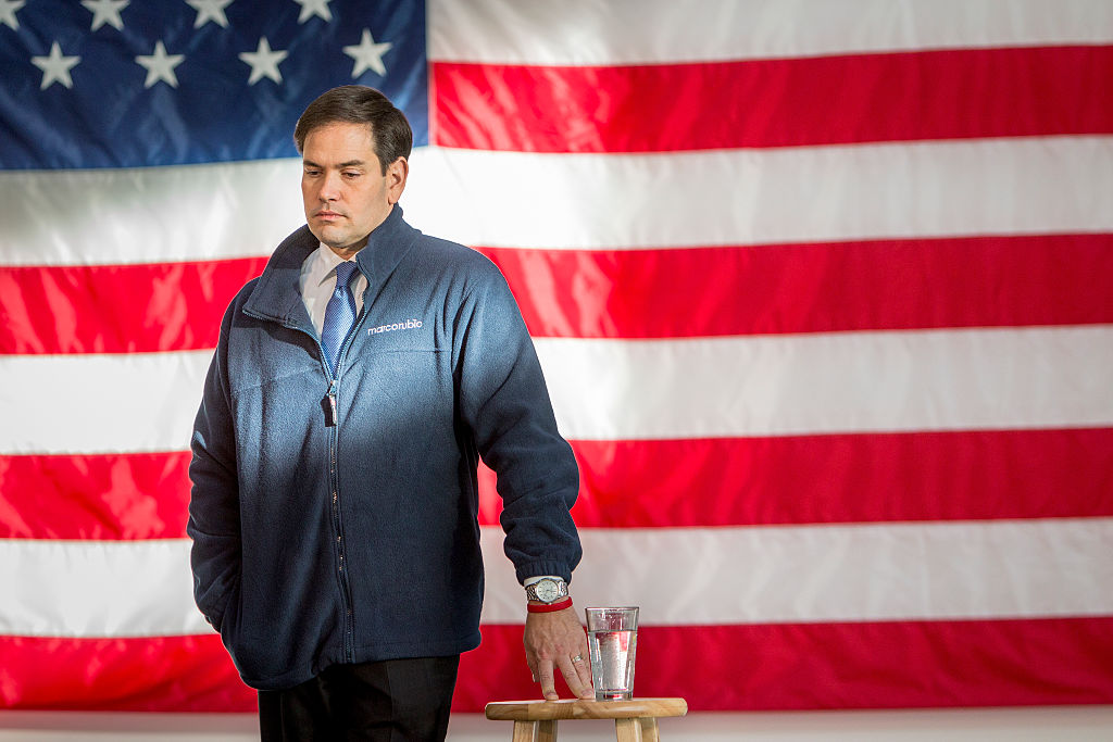 Marco Rubio wears a Marco Rubio fleece at a town hall meeting in Grinnell, Iowa on November 24, 2015. (Orjan F. Ellingvag/Corbis via Getty Images)