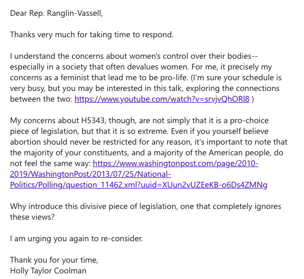 Email from Taylor Coolman to Ranglin-Vassell.