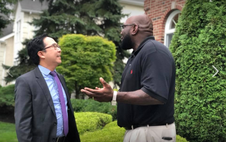 NJ-3 Democratic candidate Andy Kim speaking with a supporter (CREDIT: Andy Kim for Congress Facebook page)