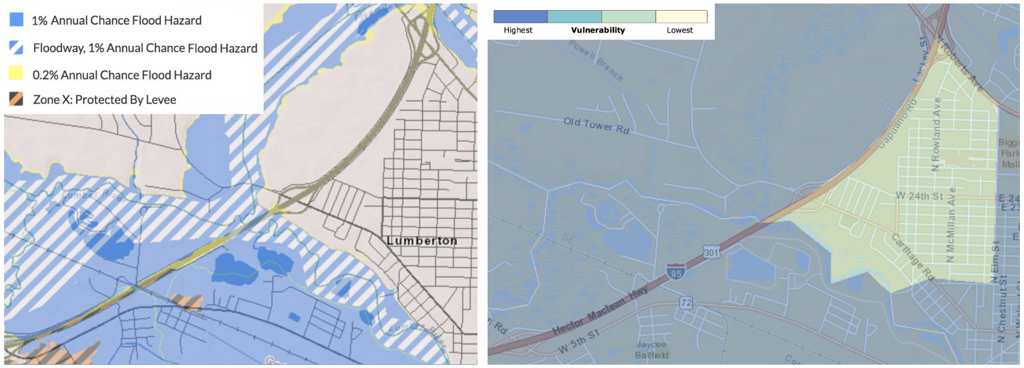 The flood hazard map (left) shows which parts of Lumberton are most vulnerable to flooding. The social vulnerability map (right) shows which parts are most socially vulnerable (dark blue) and least socially vulnerable (light green). In Lumberton, the areas at greatest risk of flooding are also home to many of the most socially vulnerable people. CREDIT: FRIS, CDC