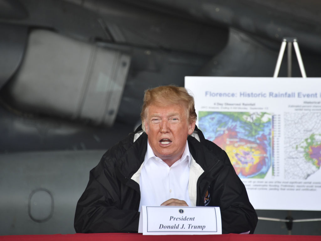 US President Donald Trump speaks at Marine Corps Air Station Cherry Point, North Carolina on September 19, 2018. (Credit: NICHOLAS KAMM/AFP/Getty Images)