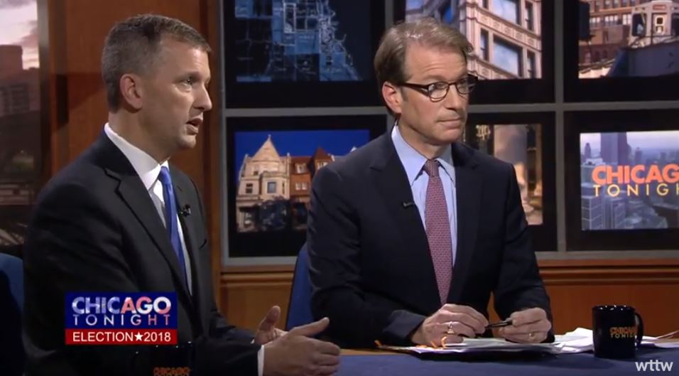 Democratic nominee Sean Casten (left) debates Rep. Peter Roskam (R) for 6th congressional seat of Illinois on October 22, 2018. CREDIT: WTTW/screenshot