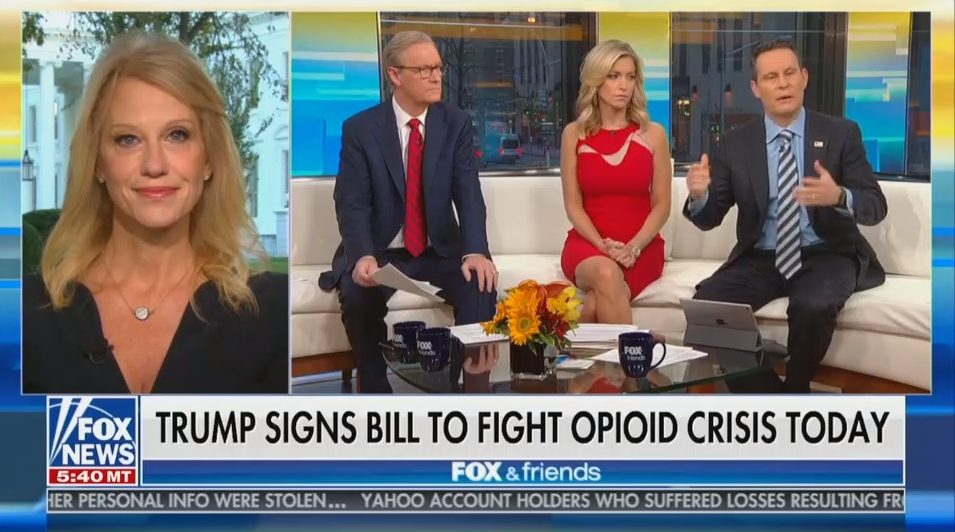 Kellyanne Conway on Fox & Friends on Wednesday claiming credit for biparitsan opposition to opioid addiction