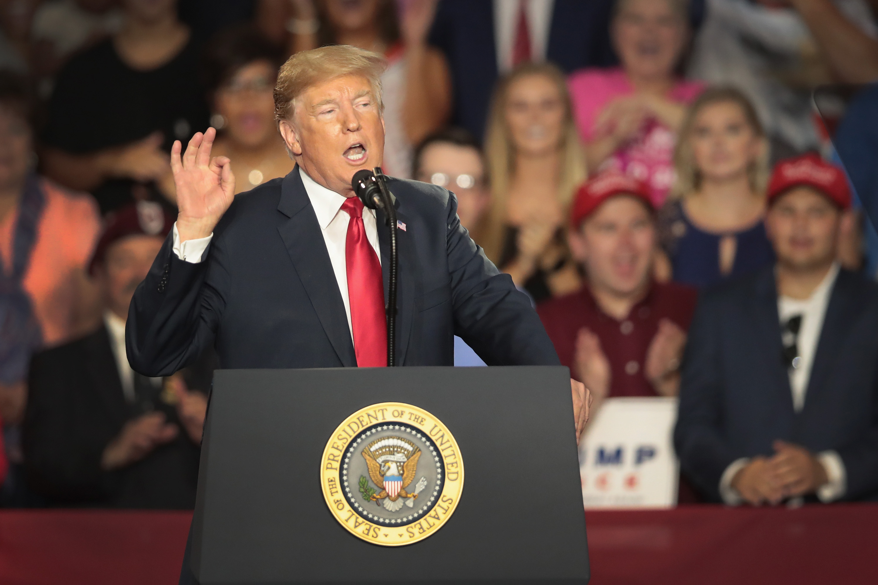 LEWIS CENTER, OH - AUGUST 04: President Donald Trump speaks at a rally to show support for Ohio Republican congressional candidate Troy Balderson on August 4, 2018 in Lewis Center, Ohio. Balderson faces Democratic challenger Danny O'Connor for Ohio's 12th Congressional District on Tuesday. (Photo by Scott Olson/Getty Images)