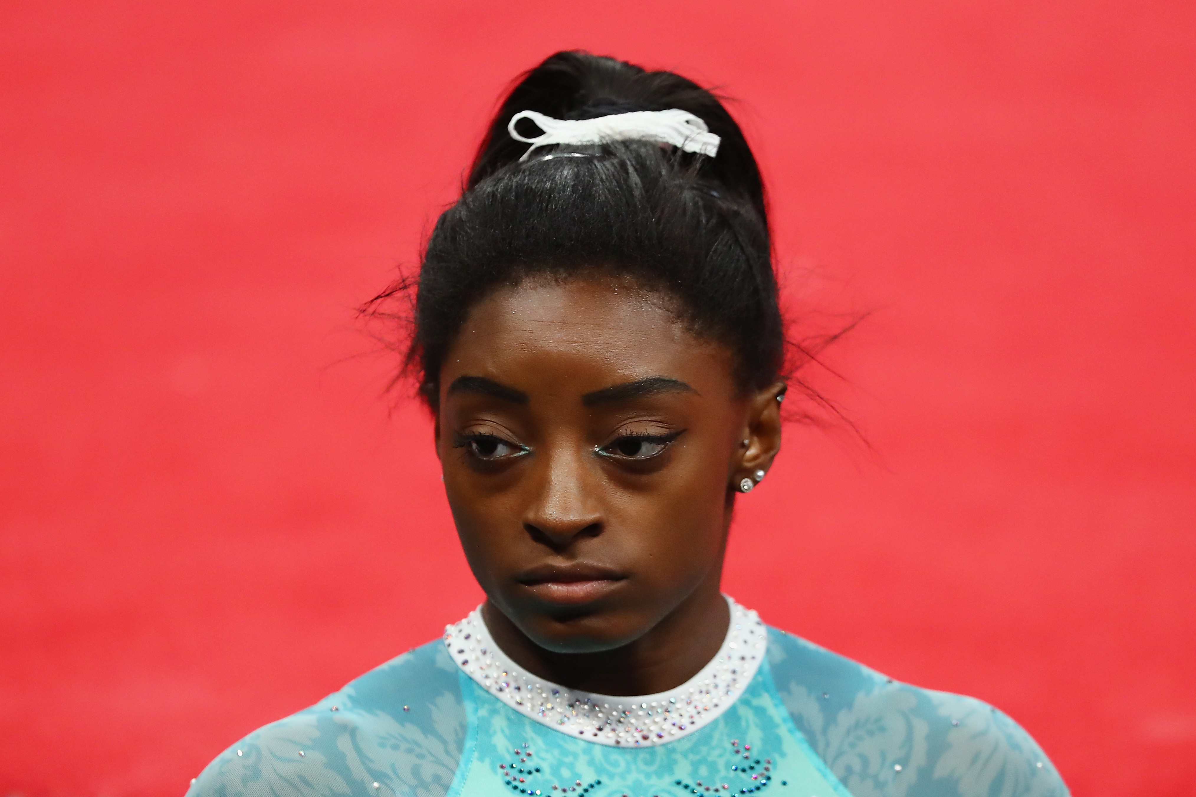 BOSTON, MA - AUGUST 19: Simone Biles looks on during day four of the U.S. Gymnastics Championships 2018 at TD Garden on August 19, 2018 in Boston, Massachusetts. (Photo by Tim Bradbury/Getty Images)