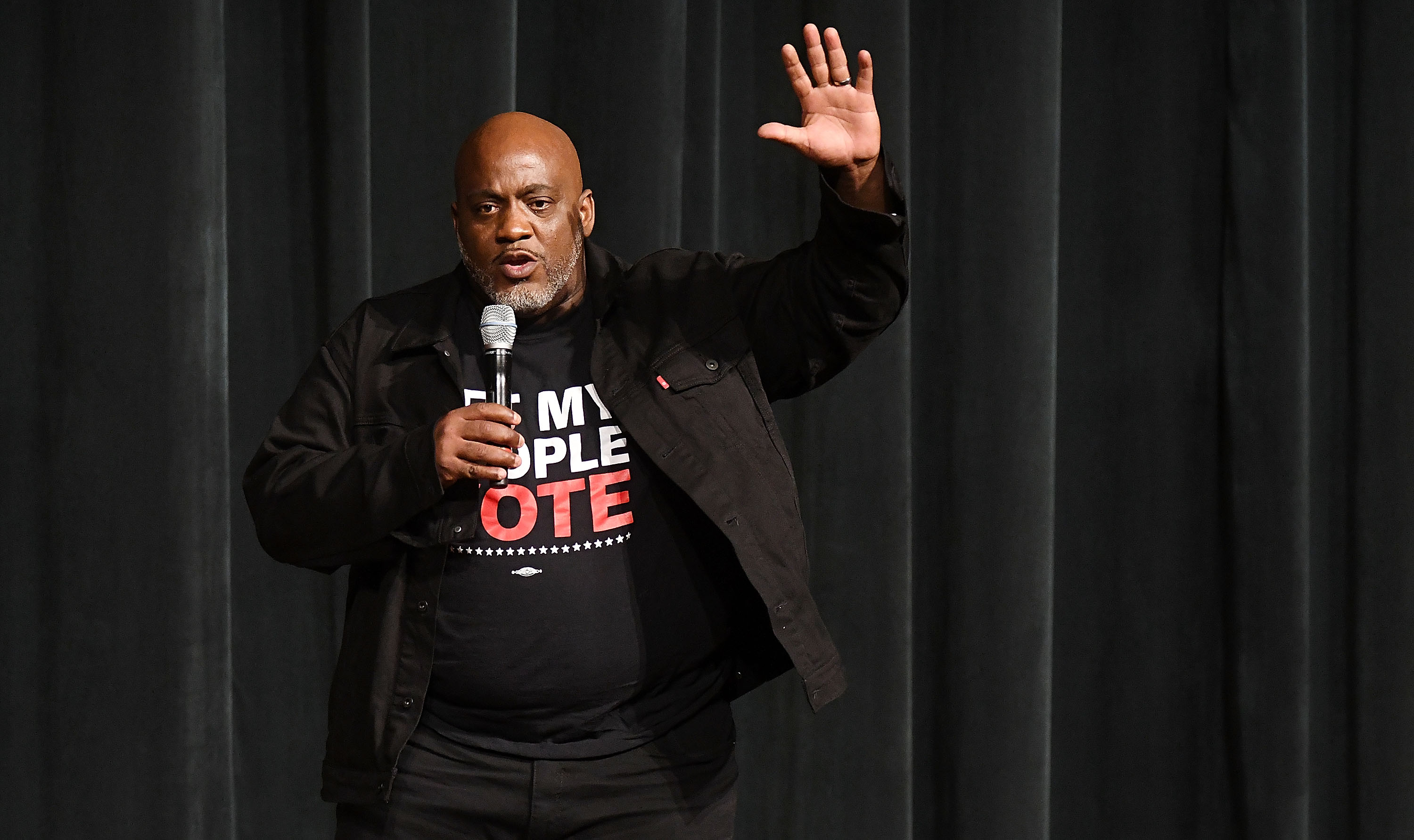 Desmond Meade, President of the Florida Rights Restoration Coalition speaks during the Get Out The Vote Kick-Off Event at Evans High School Auditorium on October 3, 2018 in Orlando, Florida. CREDIT: Gerardo Mora/Getty Images