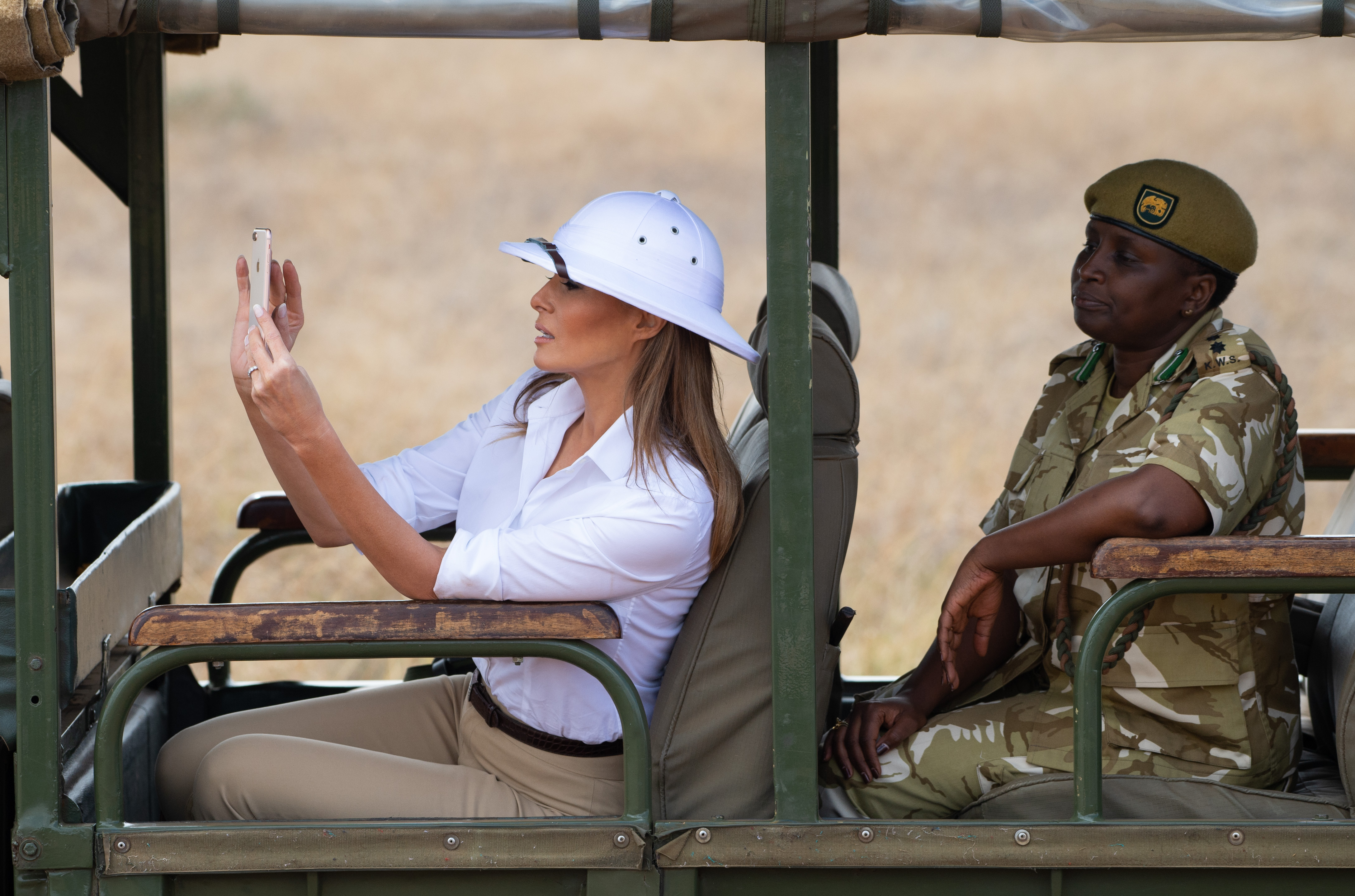 US First Lady Melania Trump goes on a safari with Nelly Palmeris (R), Park Manager, at the Nairobi National Park in Nairobi, October 5, 2018, during the third leg of her solo tour of Africa. (Photo by SAUL LOEB / AFP) (Photo credit should read SAUL LOEB/AFP/Getty Images)