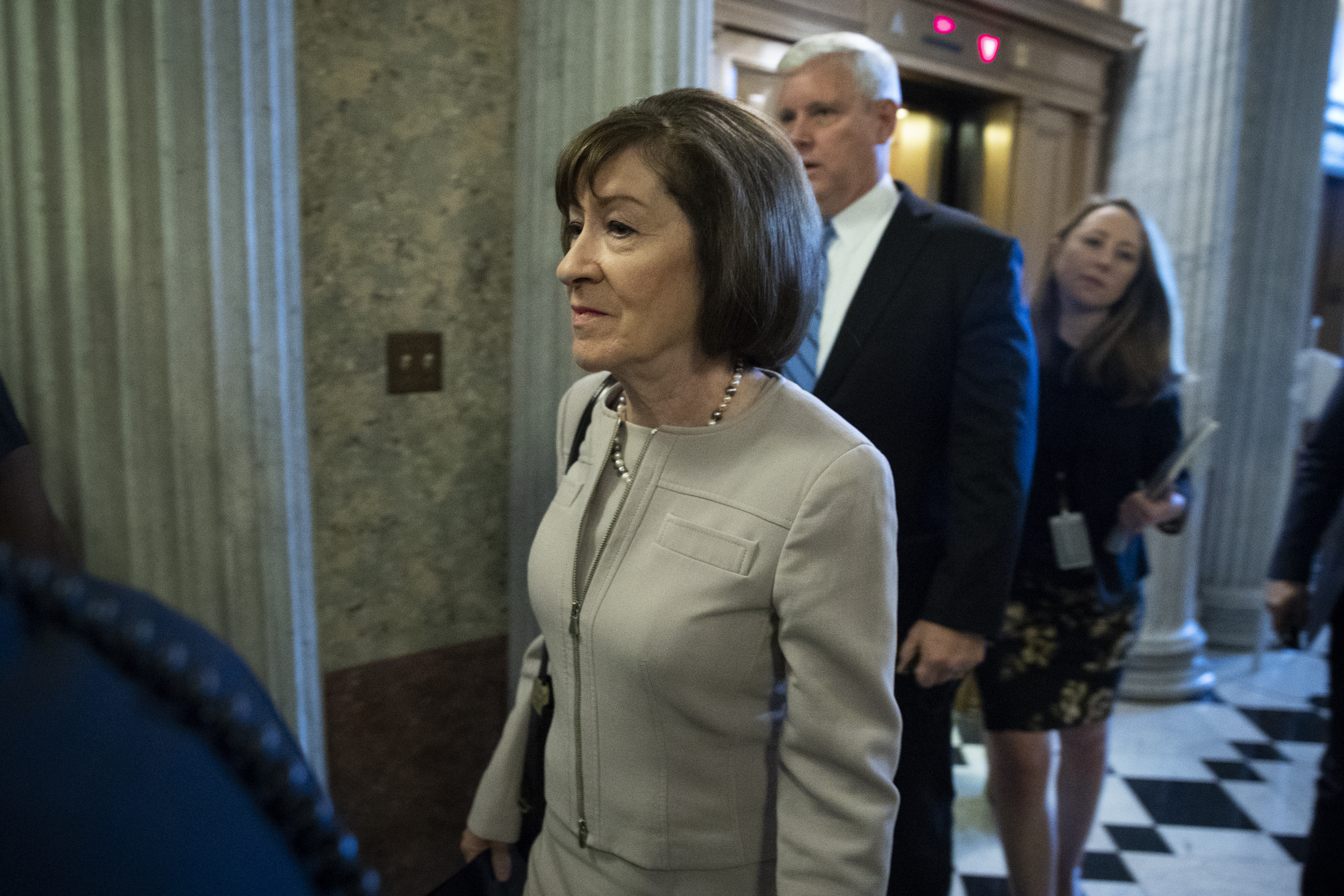 Sen. Susan Collins (R-ME) walks to the Senate floor for a cloture vote on the nomination of Supreme Court Judge Brett Kavanaugh to the U.S. Supreme Court, at the U.S. Capitol, October 5, 2018 in Washington, DC. (Photo Credit: Drew Angerer/Getty Images)