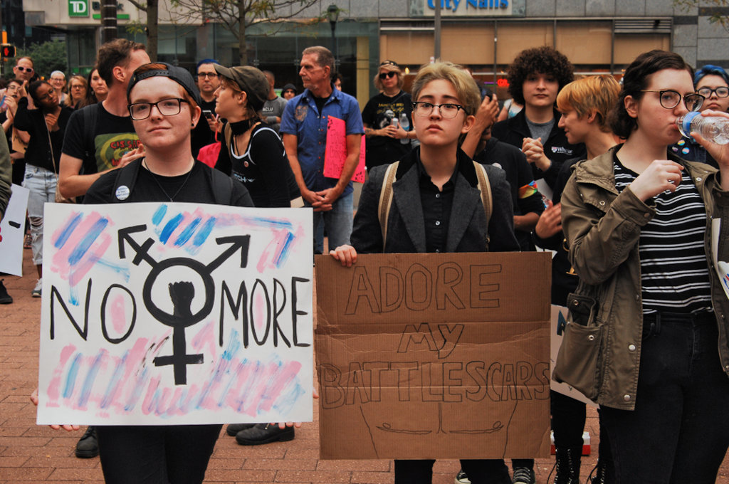 Philadelphia's Transgender community rallied in Love Park in Center City Philadelphia before marching through downtown to demand basic human and civil rights in October 2018. (Credit: Cory Clark/NurPhoto via Getty Images)