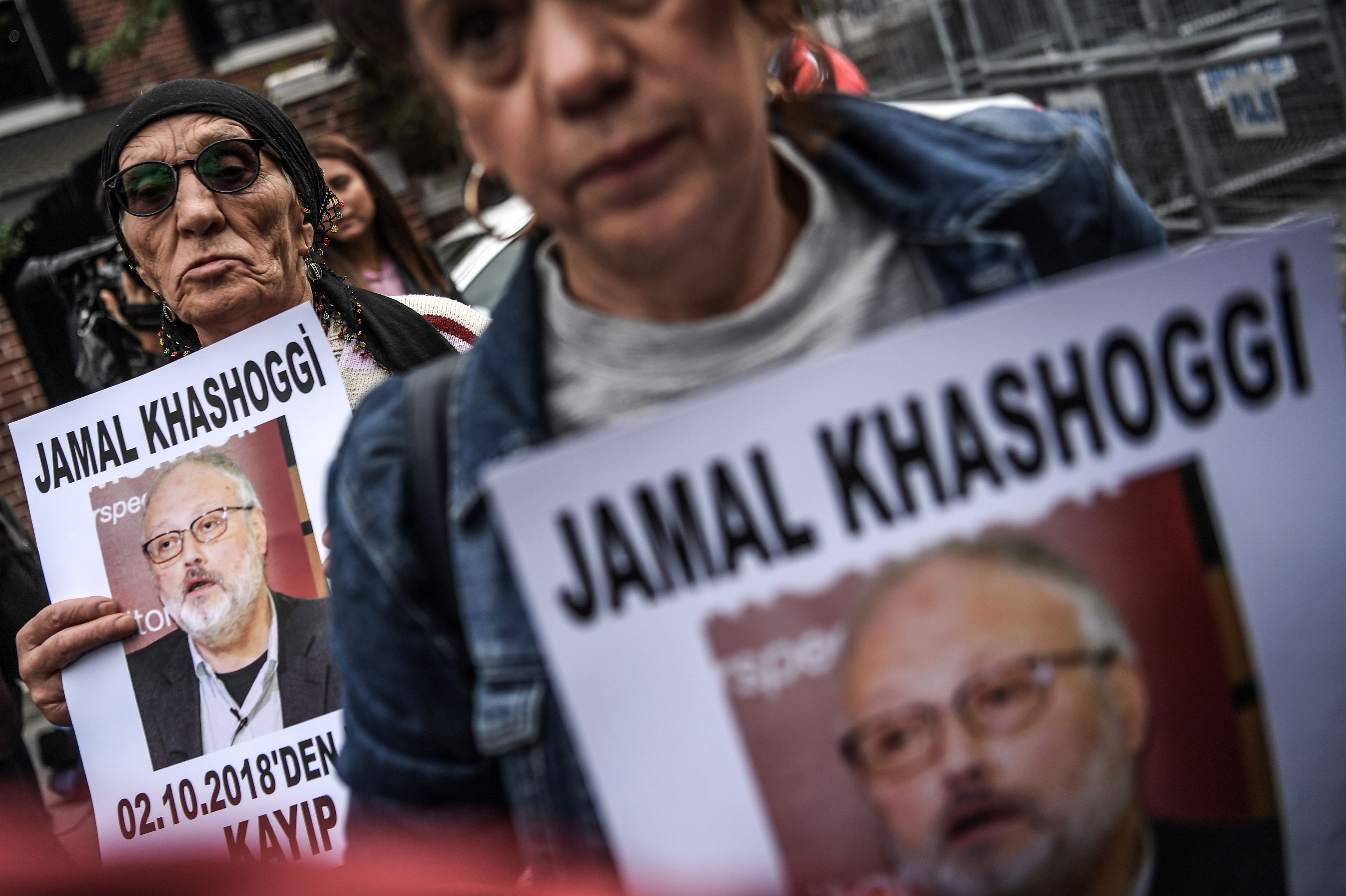 Protesters hold a portrait of missing journalist and Riyadh critic Jamal Khashoggi reading "Jamal Khashoggi is missing since October 2" during a demonstration in front of the Saudi Arabian consulate on October 9, 2018 in Istanbul. CREDIT: Ozan Kose/AFP/Gety Images.
