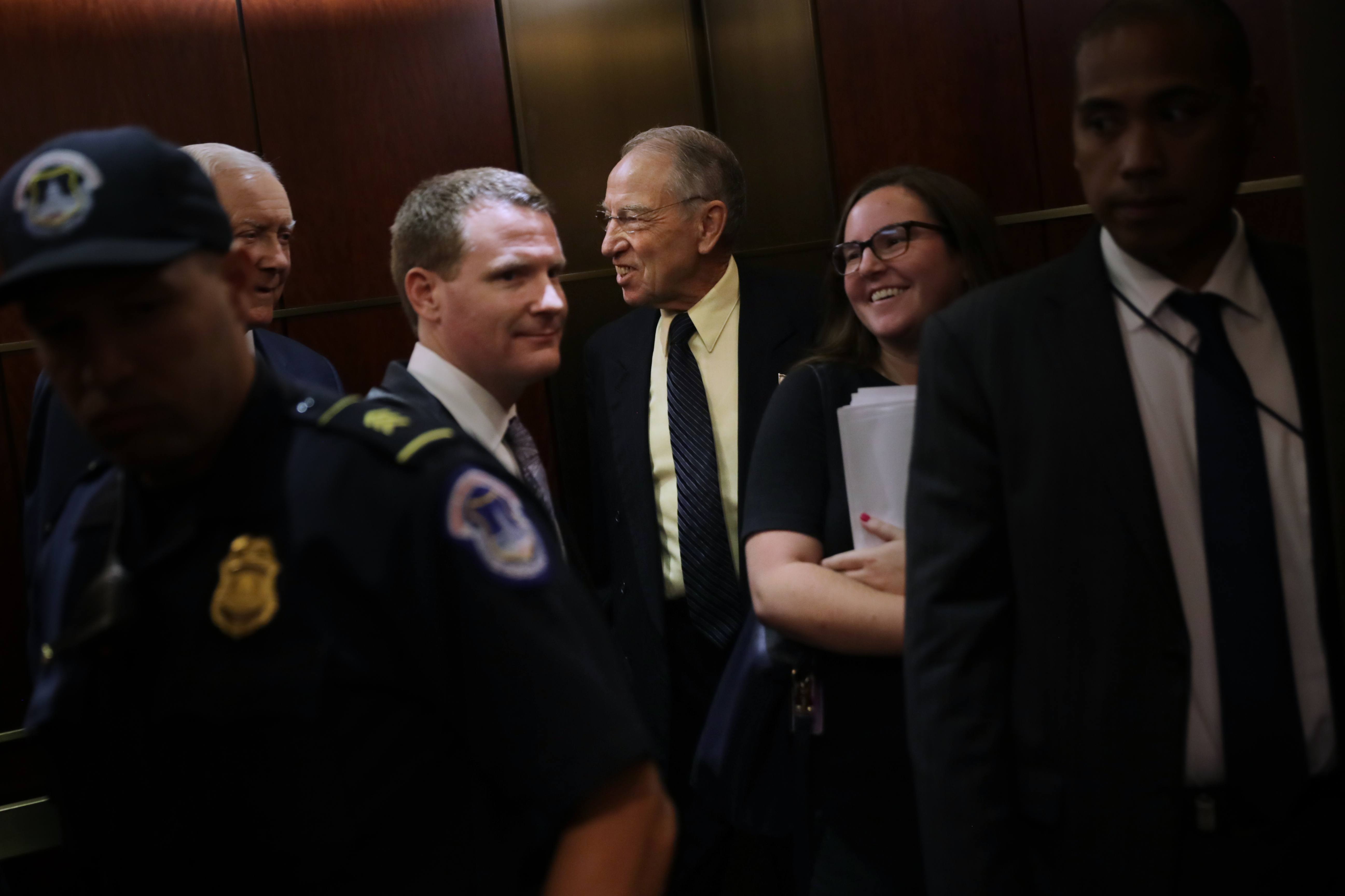 Sen. Chuck Grassley (R-IA) and Sen. orrin Hatch (R-UT) on their way to review the FBI report about alleged sexual assaults by Supreme Court nominee Judge Brett Kavanaugh October 04, 2018 in Washington, DC. (CREDIT: Photo by Chip Somodevilla/Getty Images)