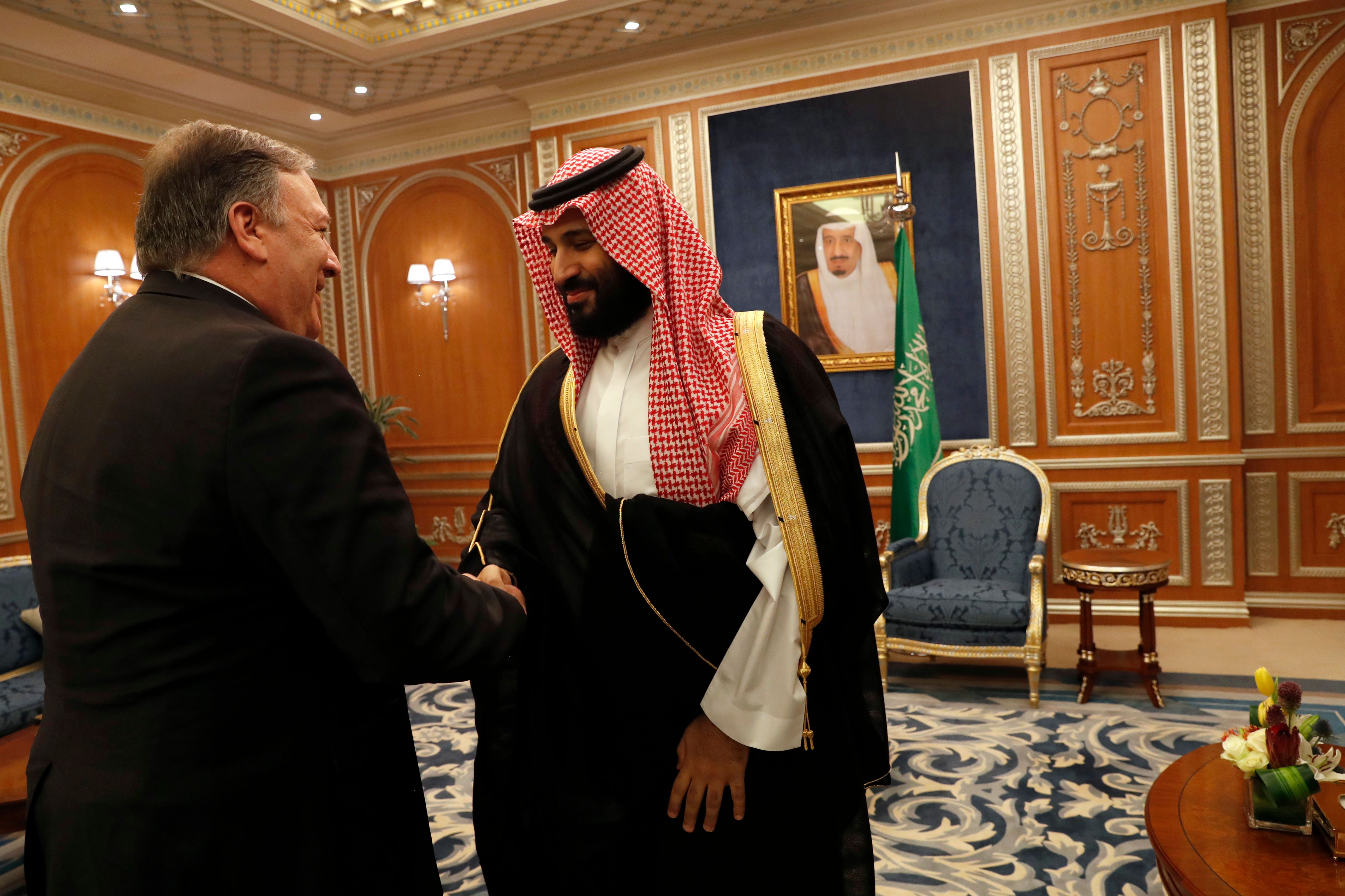 Secretary of State Mike Pompeo meets with Saudi Crown Prince Mohammed bin Salman in Riyadh, on October 16, 2018. CREDIT: Leah Mills/AFP/Getty Images.