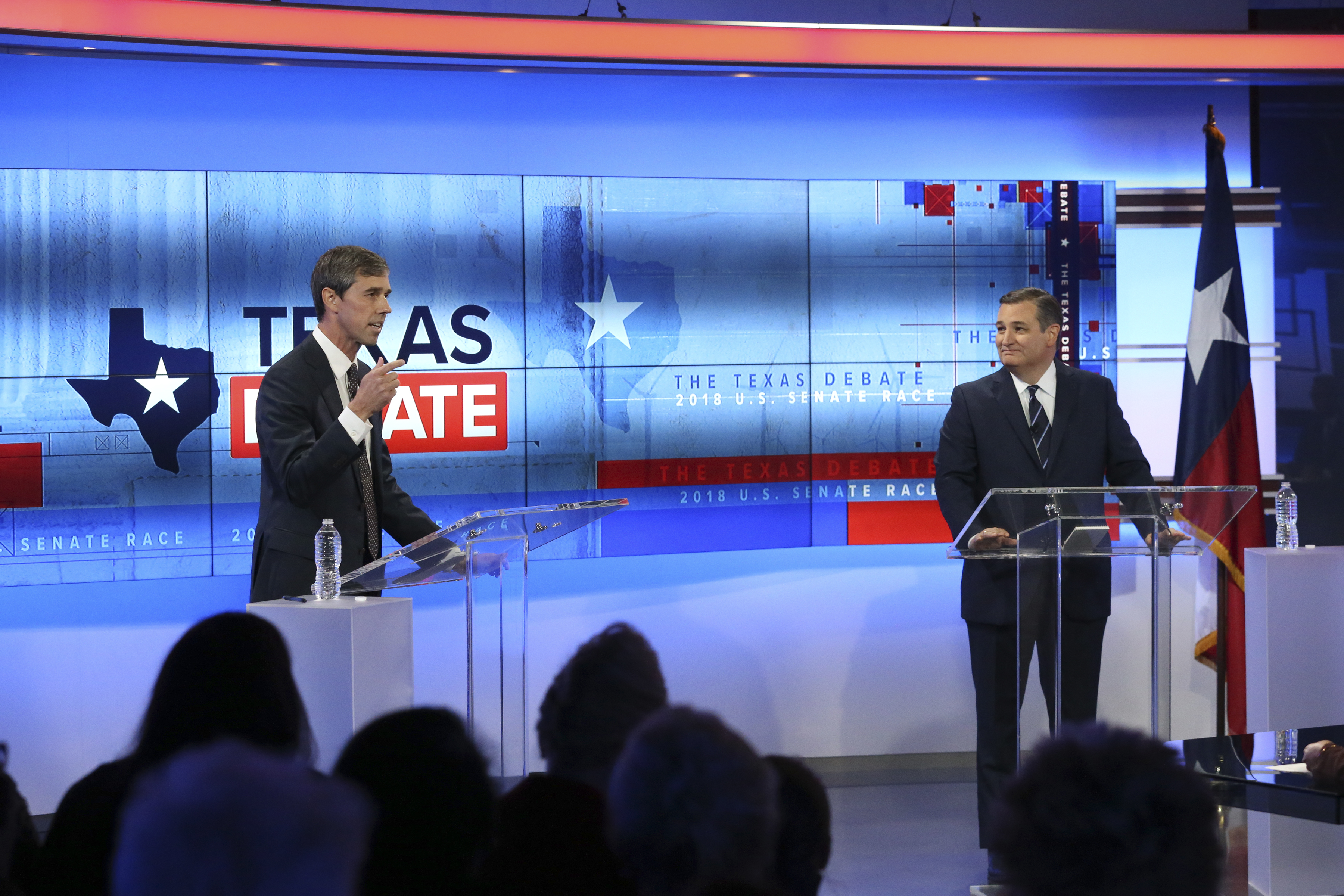 U.S. Rep. Beto O'Rourke (D-TX) and U.S. Sen. Ted Cruz (R-TX) face off in a debate at the KENS 5 studios on October 16, 2018 in San Antonio, Texas. CREDIT: Tom Reel-Pool/Getty Images