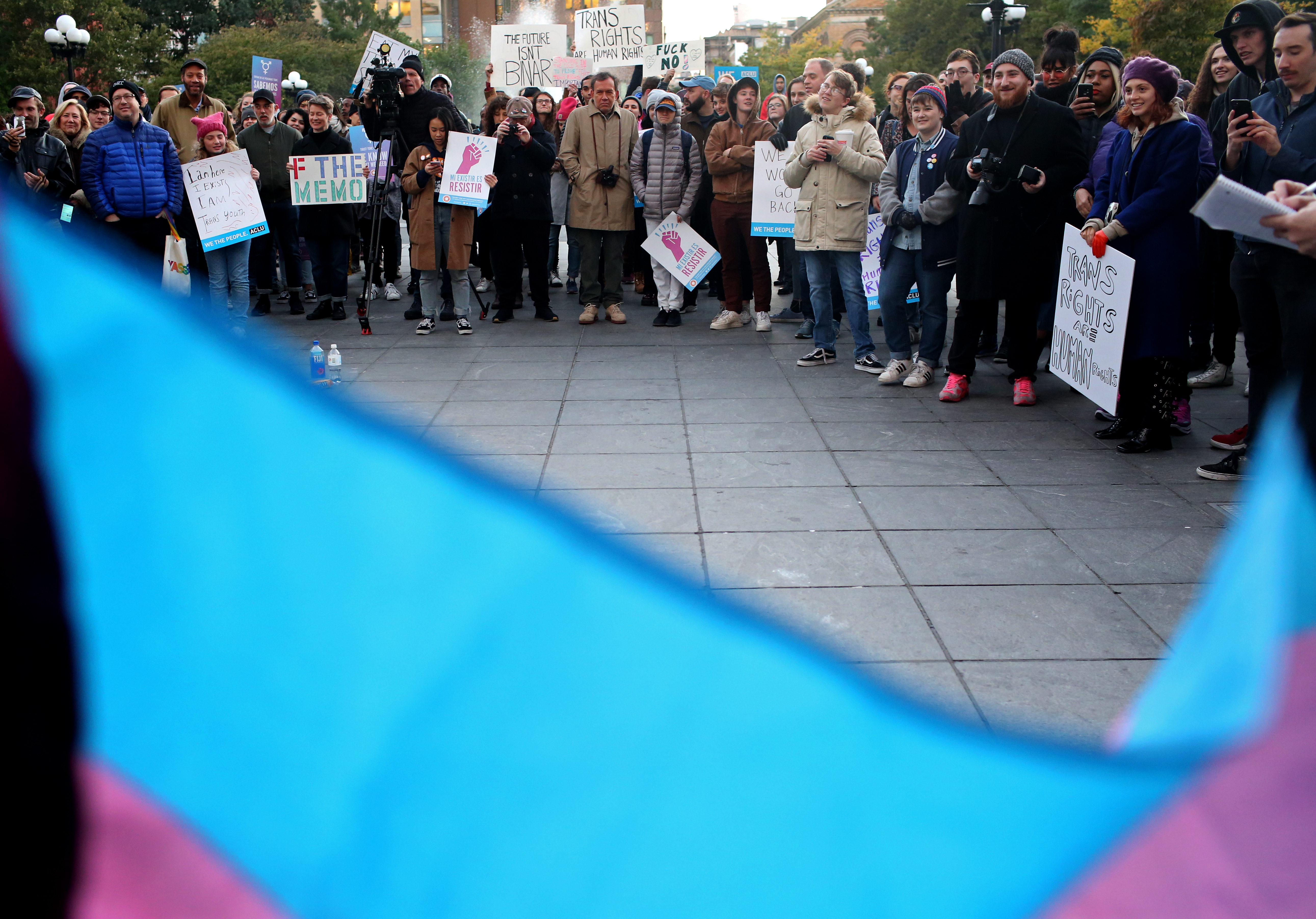 Activists gathered Sunday night in Washington Square Park in New York City to protest the trans erasure memo. CREDIT: Yana Paskova/Getty Images