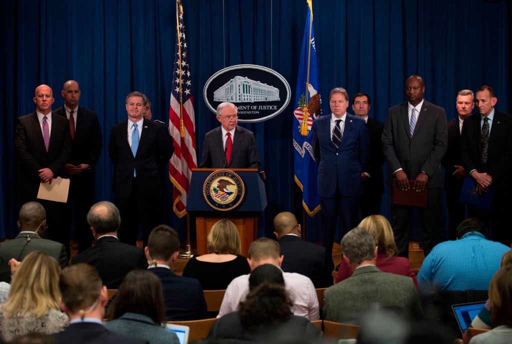 US Attorney General Jeff Sessions speaks during a press conference at the Department of Justice in Washington, DC on October 26, 2018 following the arrest of bombing suspect Cesar Sayoc in Florida. - The suspect has been charged with five federal crimes in connection with more than a dozen suspicious packages sent in a US mail bombing spree, Sessions said. (ANDREW CABALLERO-REYNOLDS/AFP/Getty Images)