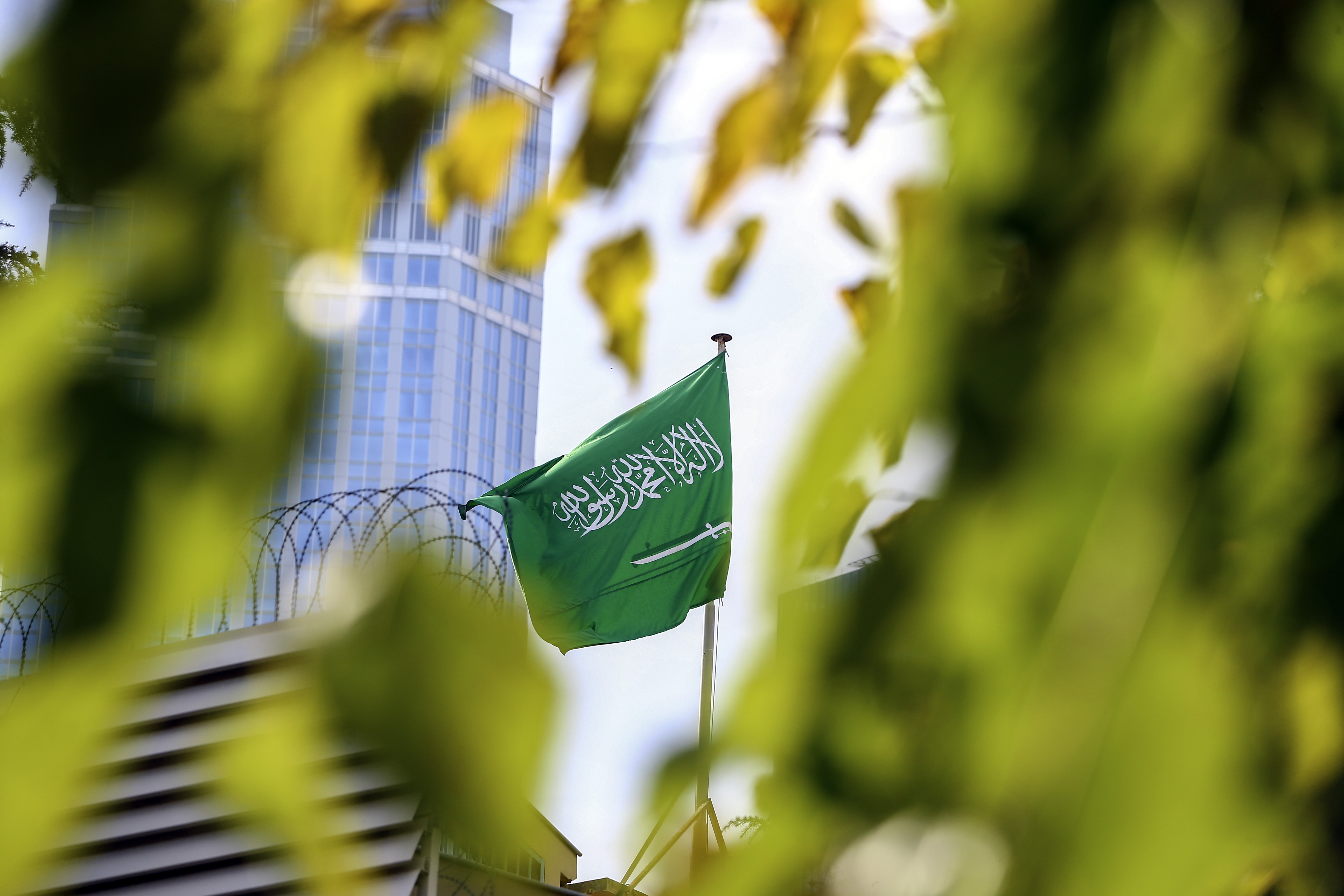 Flag of Saudi Arabia waving on the Saudi consulate building as the waiting continues on the killing of Prominent Saudi journalist Jamal Khashoggi, in Istanbul, Turkey on October 31, 2018. CREDIT: Serhat Cagdas/Anadolu Agency/Getty Images.