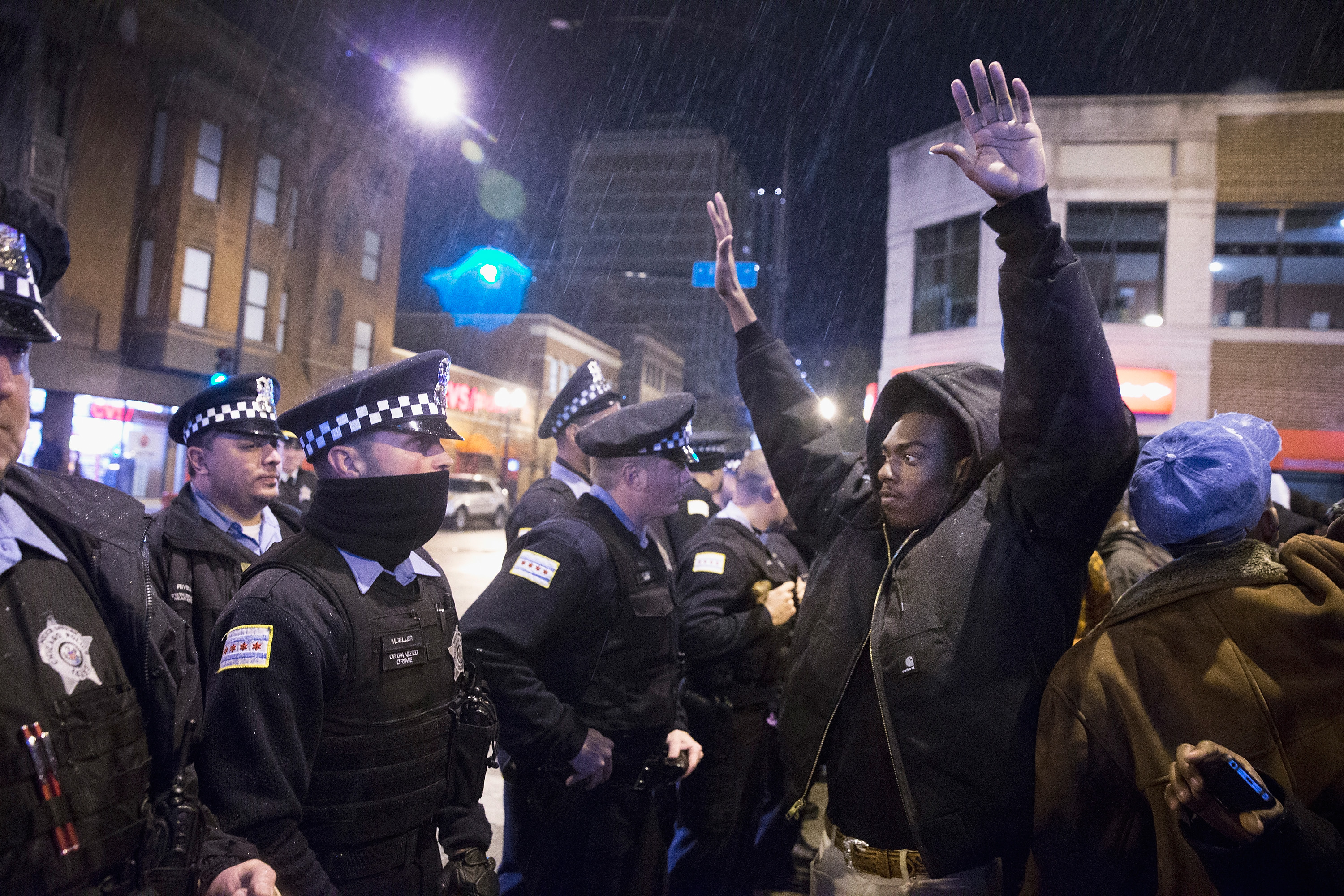 Protesters confront police in Chicago in 2015. CREDIT: Scott Olson/Getty Images
